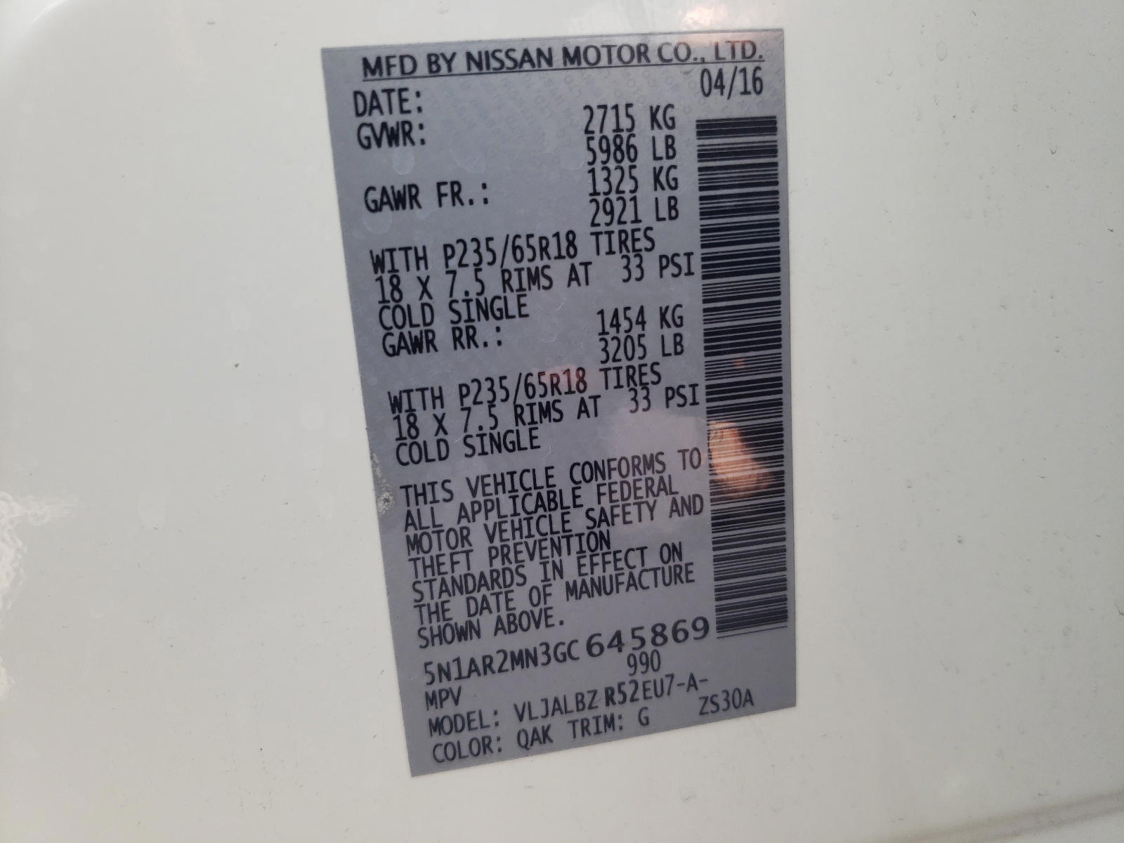 Photo 10 from auction – 2016 NISSAN PATHFINDER with VIN 5N1AR2MN3GC645869