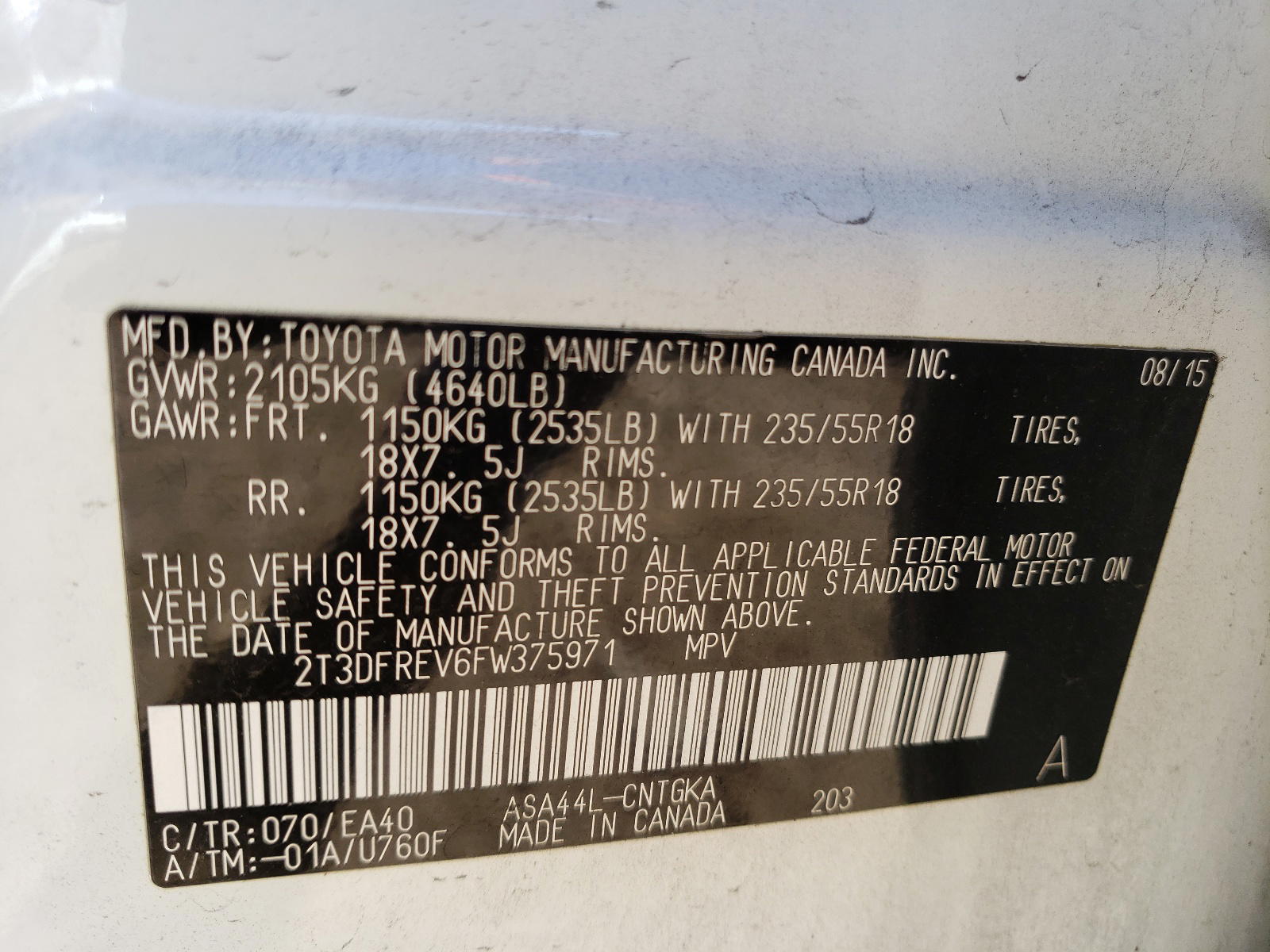 Photo 10 from auction – 2015 TOYOTA RAV4 LIMIT with VIN 2T3DFREV6FW375971