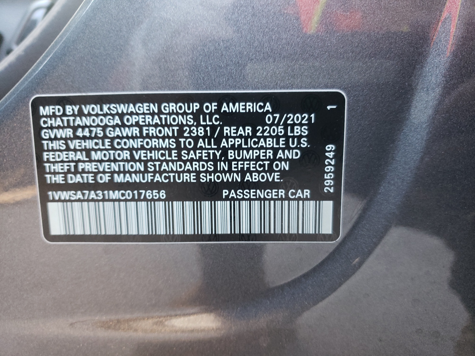 Photo 10 from auction – 2021 VOLKSWAGEN PASSAT SE with VIN 1VWSA7A31MC017656