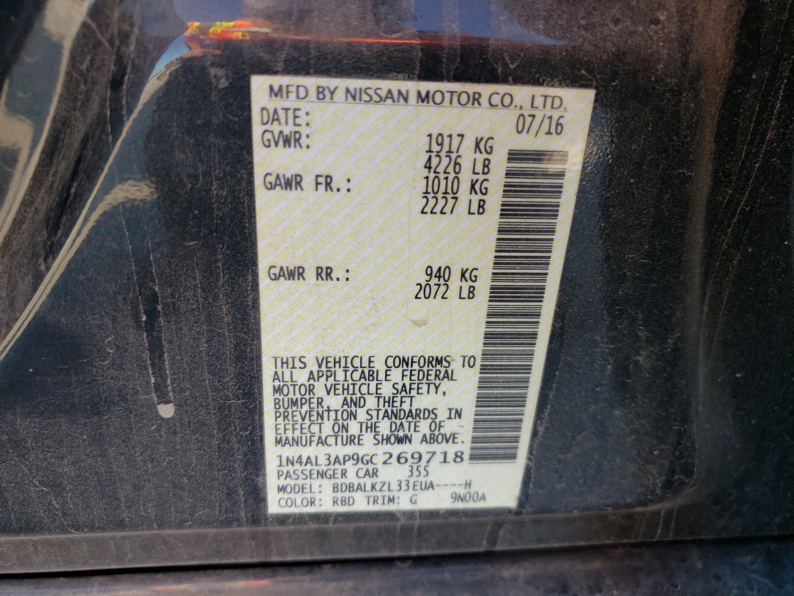 Photo 10 from auction – 2016 NISSAN ALTIMA 2.5 with VIN 1N4AL3AP9GC269718