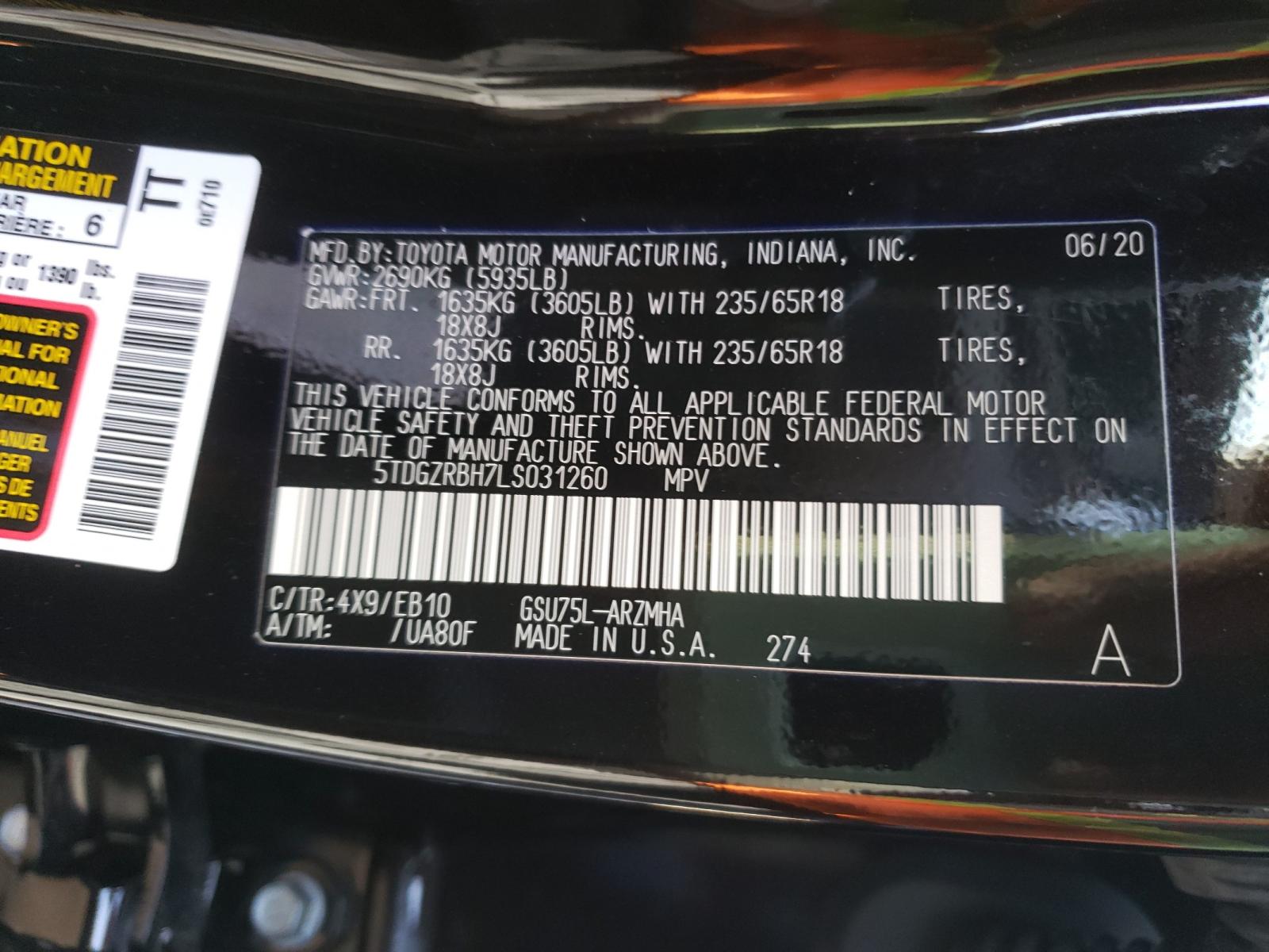 Photo 10 from auction – 2020 TOYOTA HIGHLANDER with VIN 5TDGZRBH7LS031260