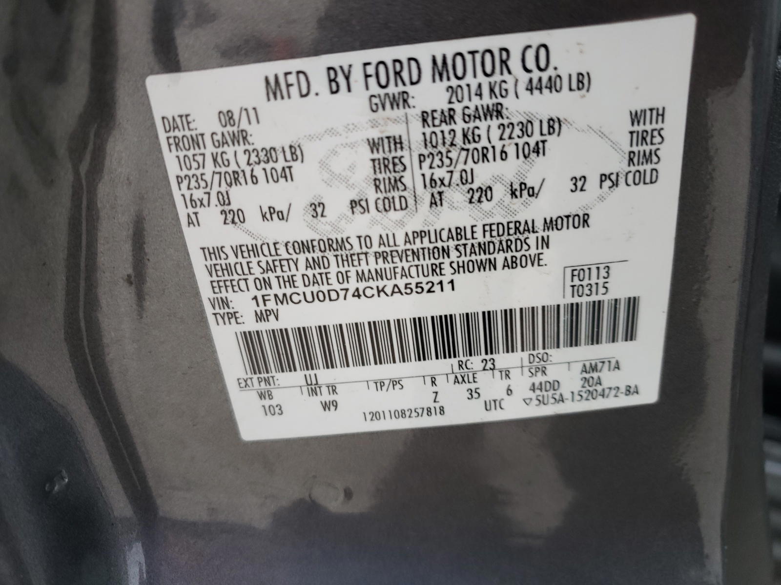 Photo 10 from auction – 2012 FORD ESCAPE XLT with VIN 1FMCU0D74CKA55211