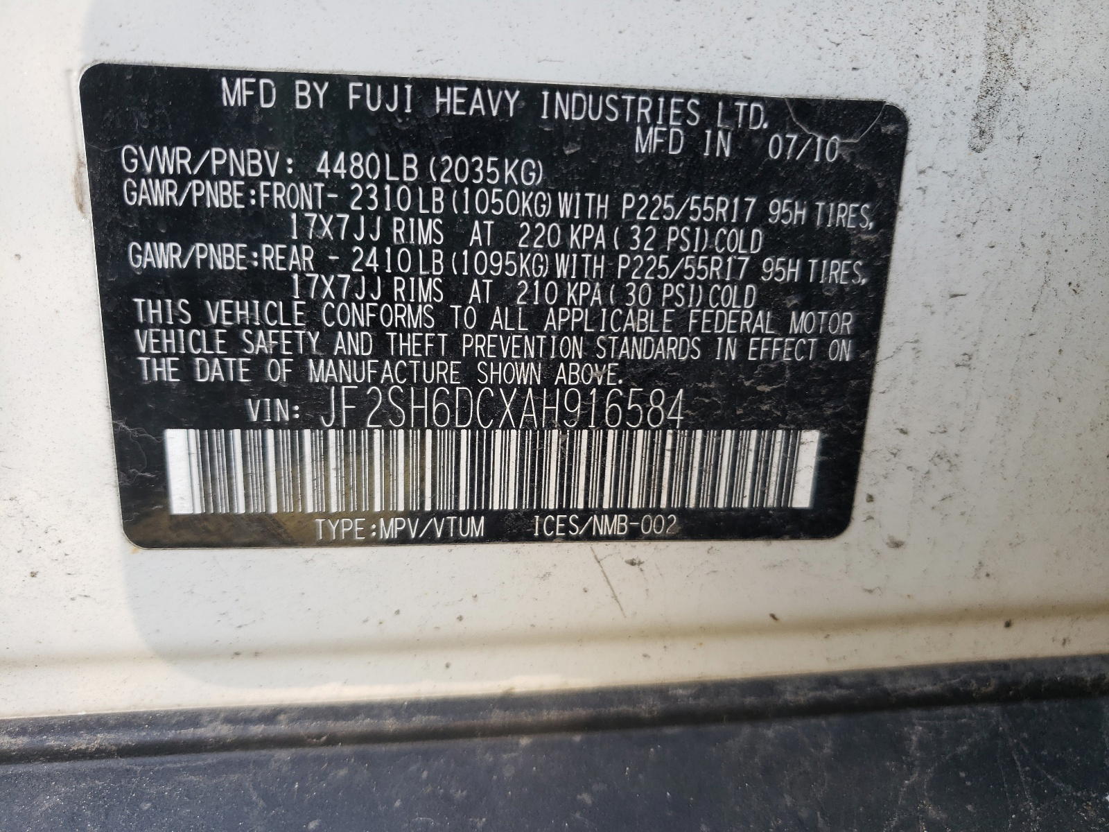 Photo 10 from auction – 2010 SUBARU FORESTER 2 with VIN JF2SH6DCXAH916584
