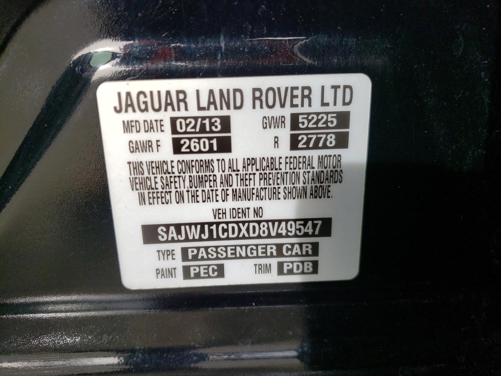 Photo 10 from auction – 2013 JAGUAR XJ with VIN SAJWJ1CDXD8V49547