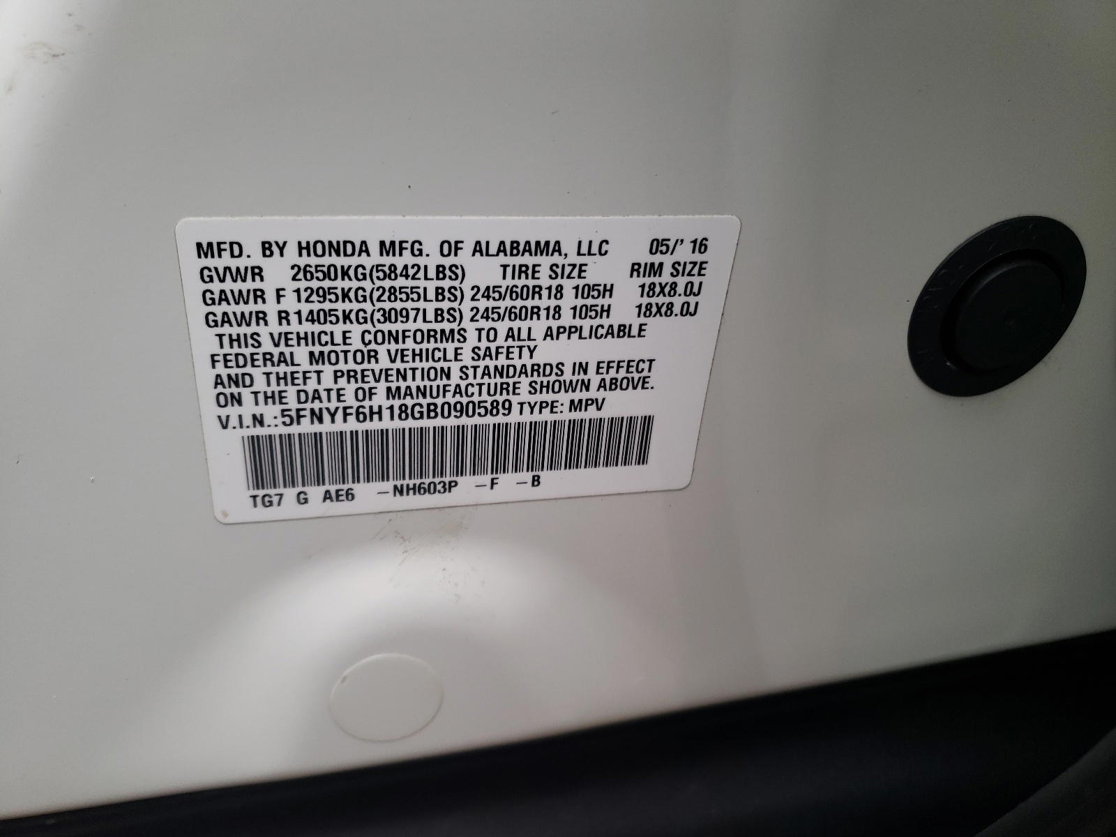 Photo 10 from auction – 2016 HONDA PILOT LX with VIN 5FNYF6H18GB090589