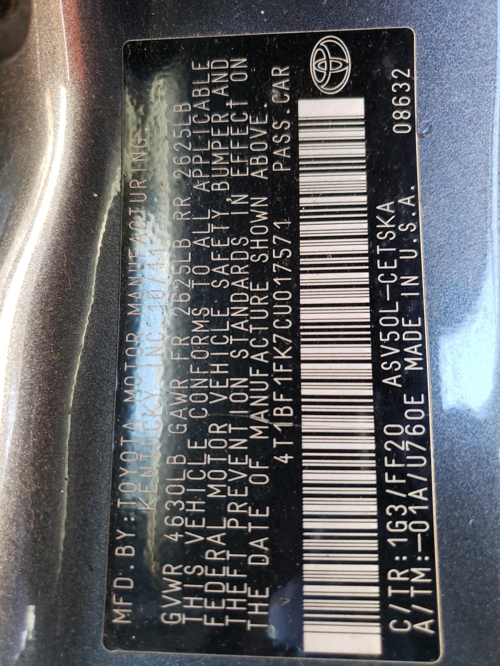 Photo 10 from auction – 2012 TOYOTA CAMRY BASE with VIN 4T1BF1FK7CU017571
