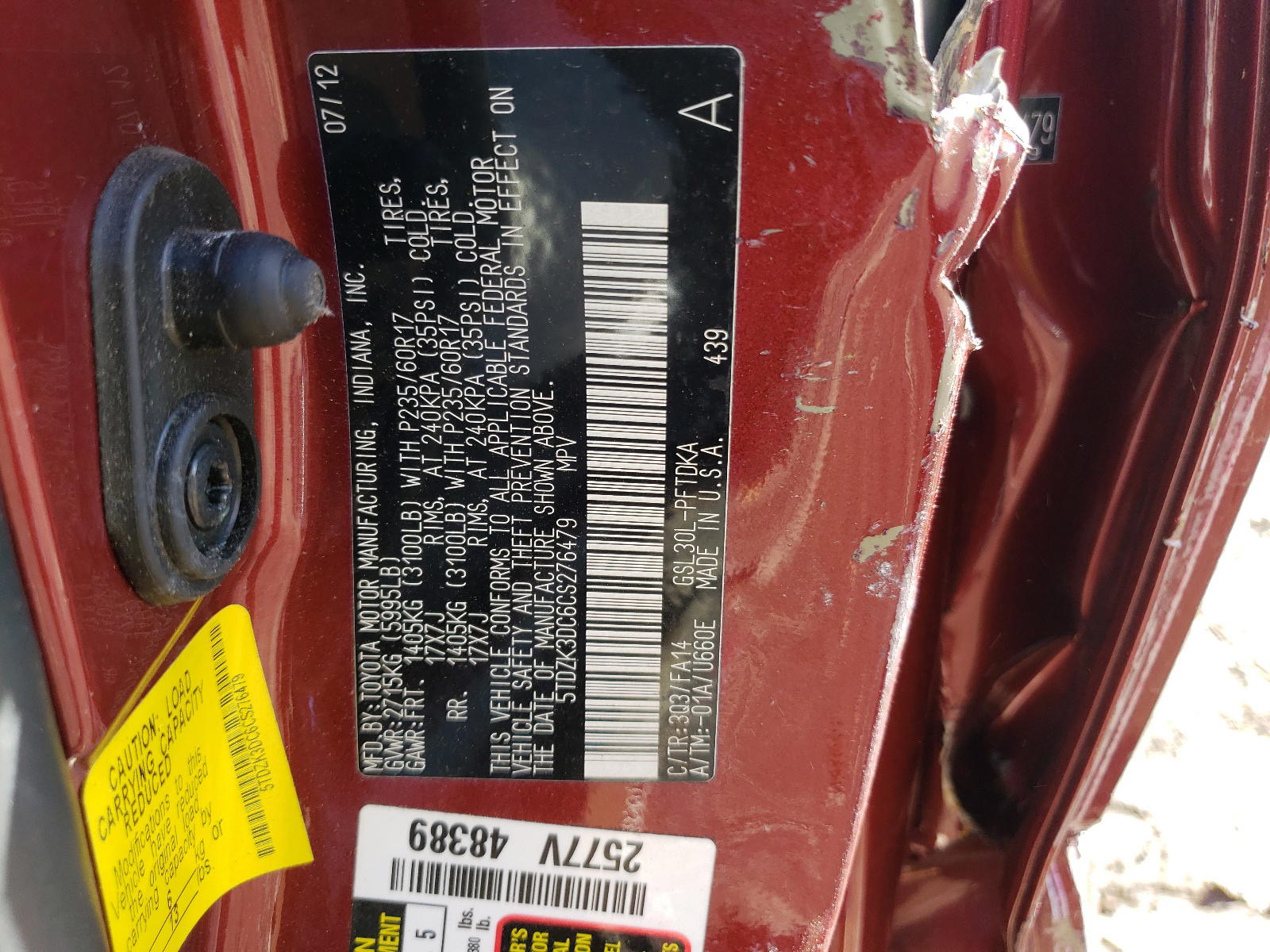 Photo 10 from auction – 2012 TOYOTA SIENNA with VIN 5TDZK3DC6CS276479