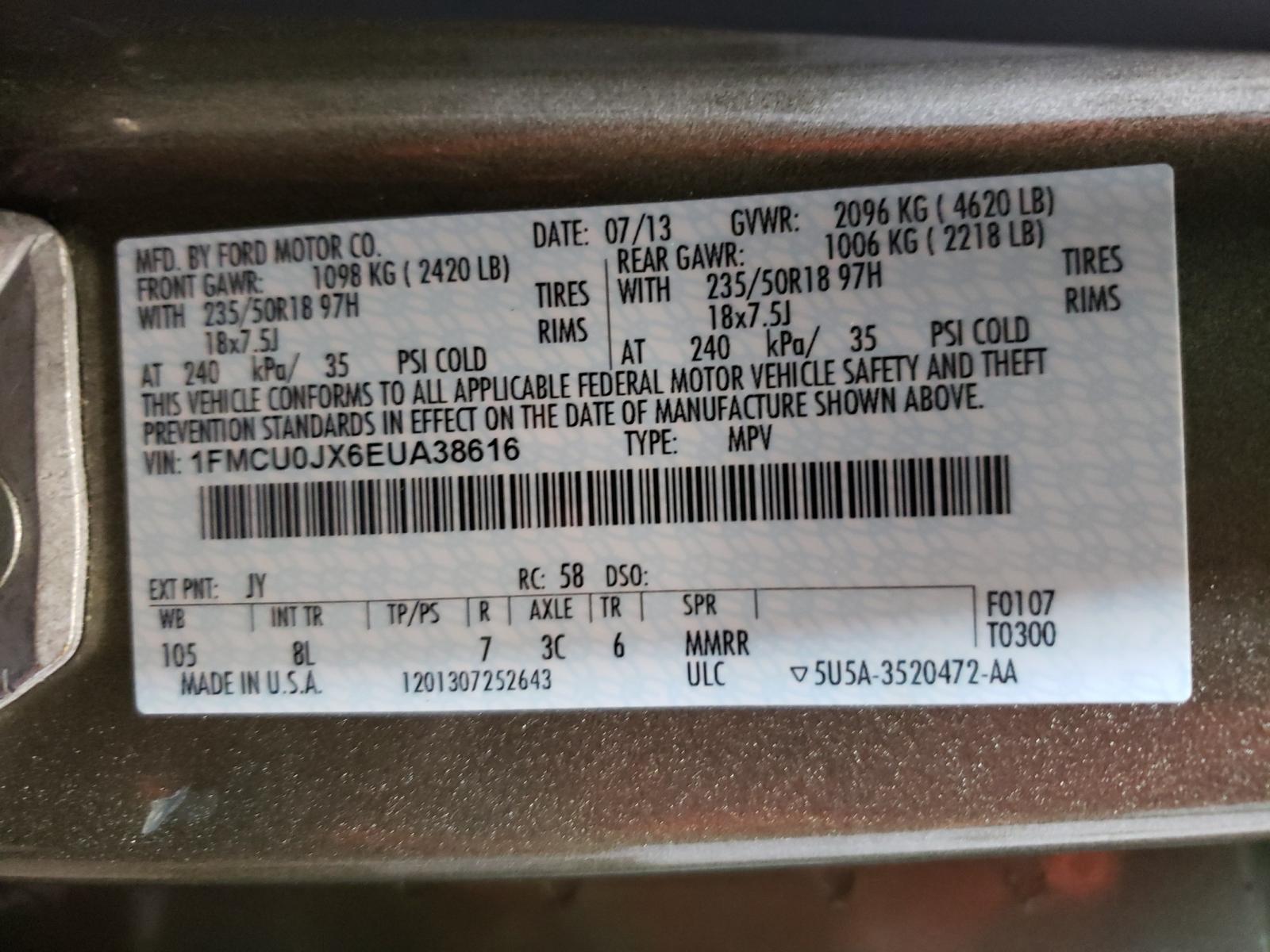 Photo 10 from auction – 2014 FORD ESCAPE TIT with VIN 1FMCU0JX6EUA38616