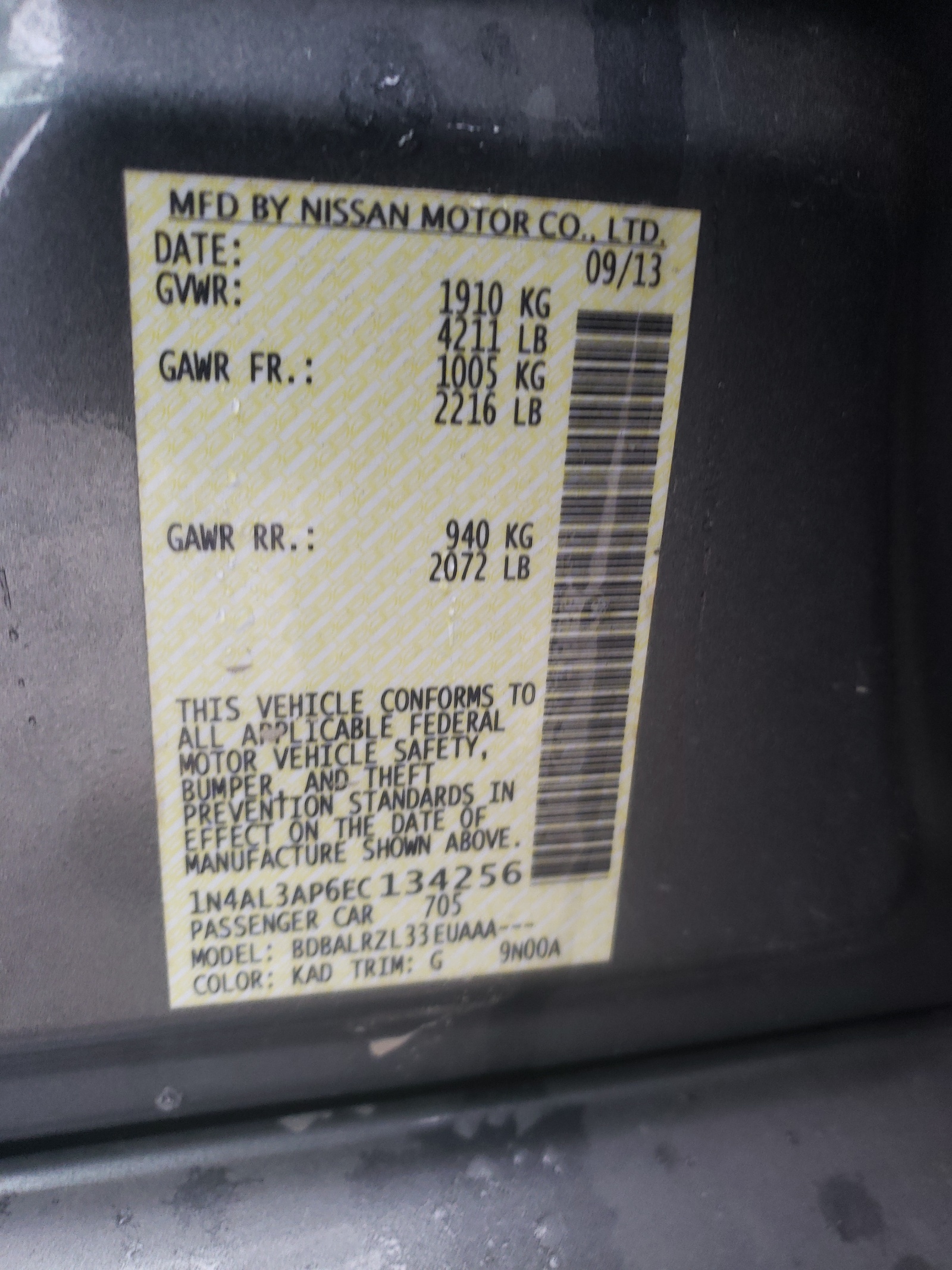 Photo 10 from auction – 2014 NISSAN ALTIMA 2.5 with VIN 1N4AL3AP6EC134256