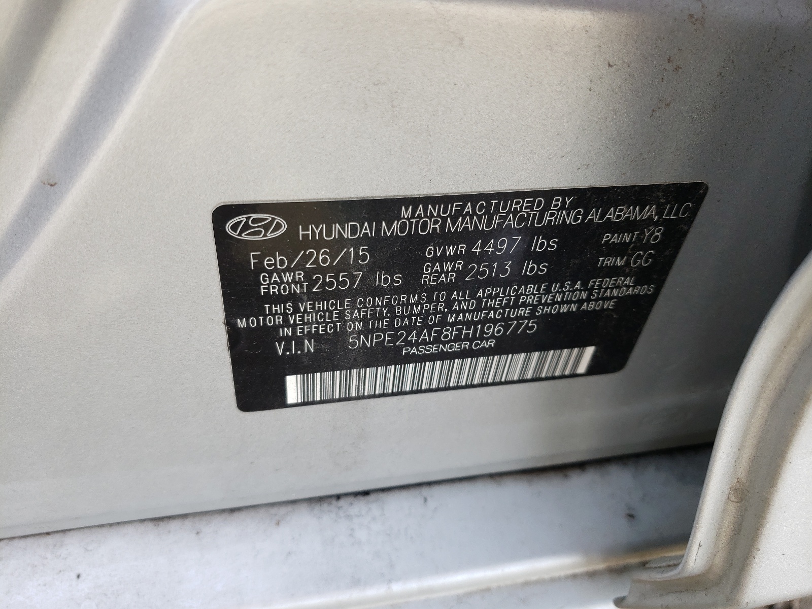 Photo 10 from auction – 2015 HYUNDAI SONATA SE with VIN 5NPE24AF8FH196775