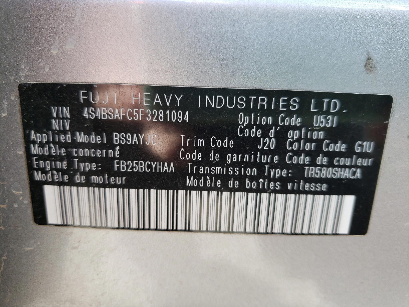 Photo 10 from auction – 2015 SUBARU OUTBACK 2. with VIN 4S4BSAFC5F3281094