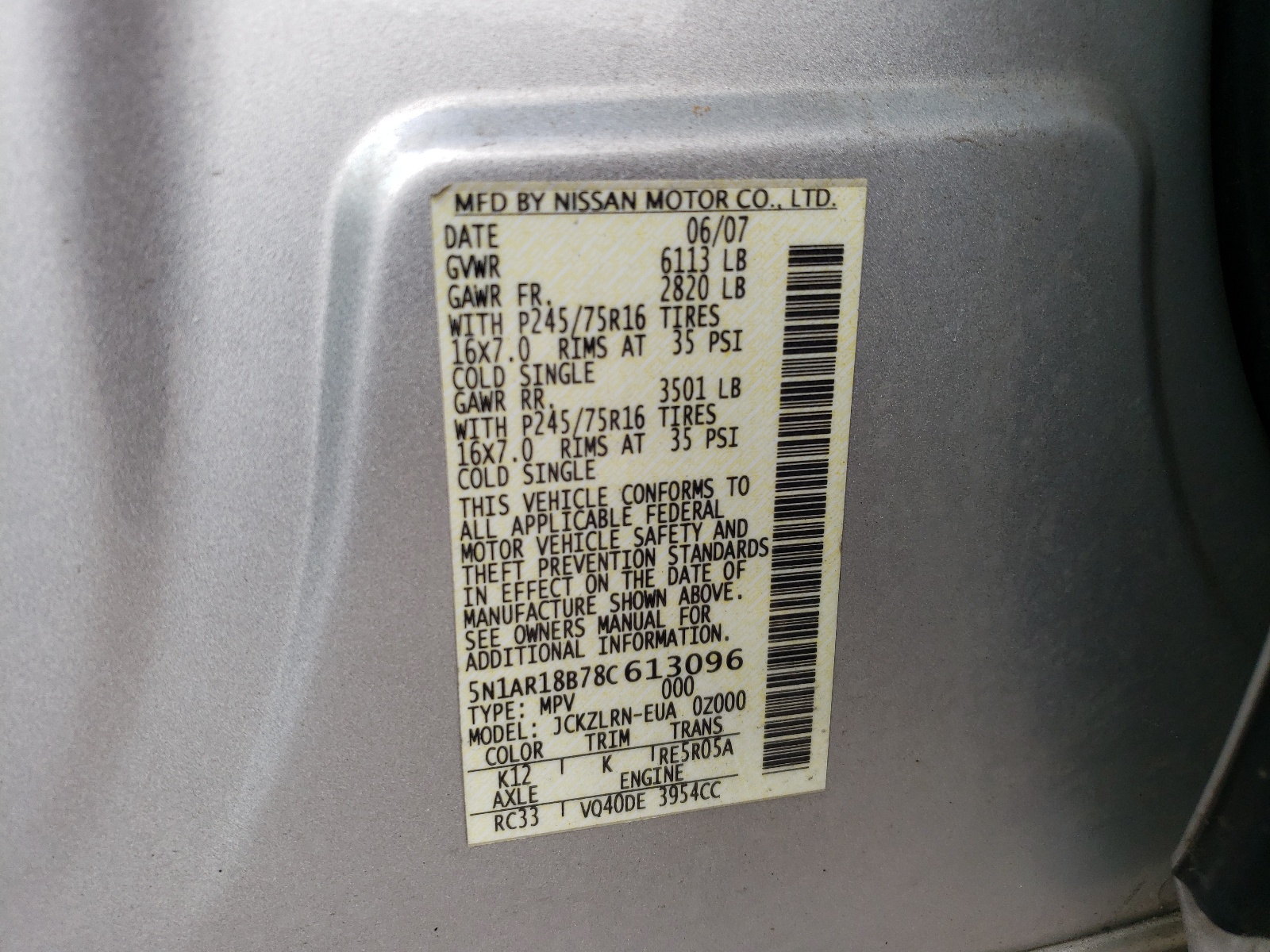 Photo 10 from auction – 2008 NISSAN PATHFINDER with VIN 5N1AR18B78C613096