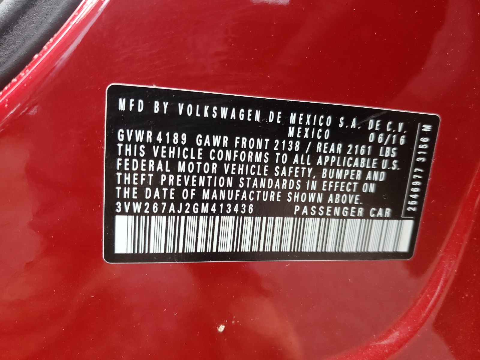 Photo 10 from auction – 2016 VOLKSWAGEN JETTA S with VIN 3VW267AJ2GM413436