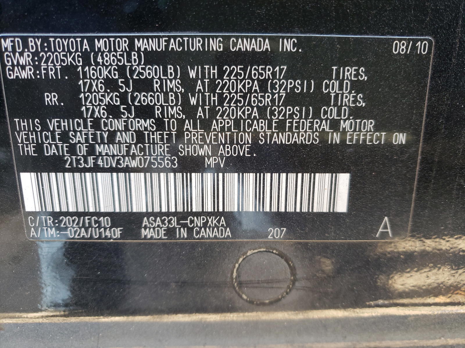 Photo 10 from auction – 2010 TOYOTA RAV4 with VIN 2T3JF4DV3AW075563