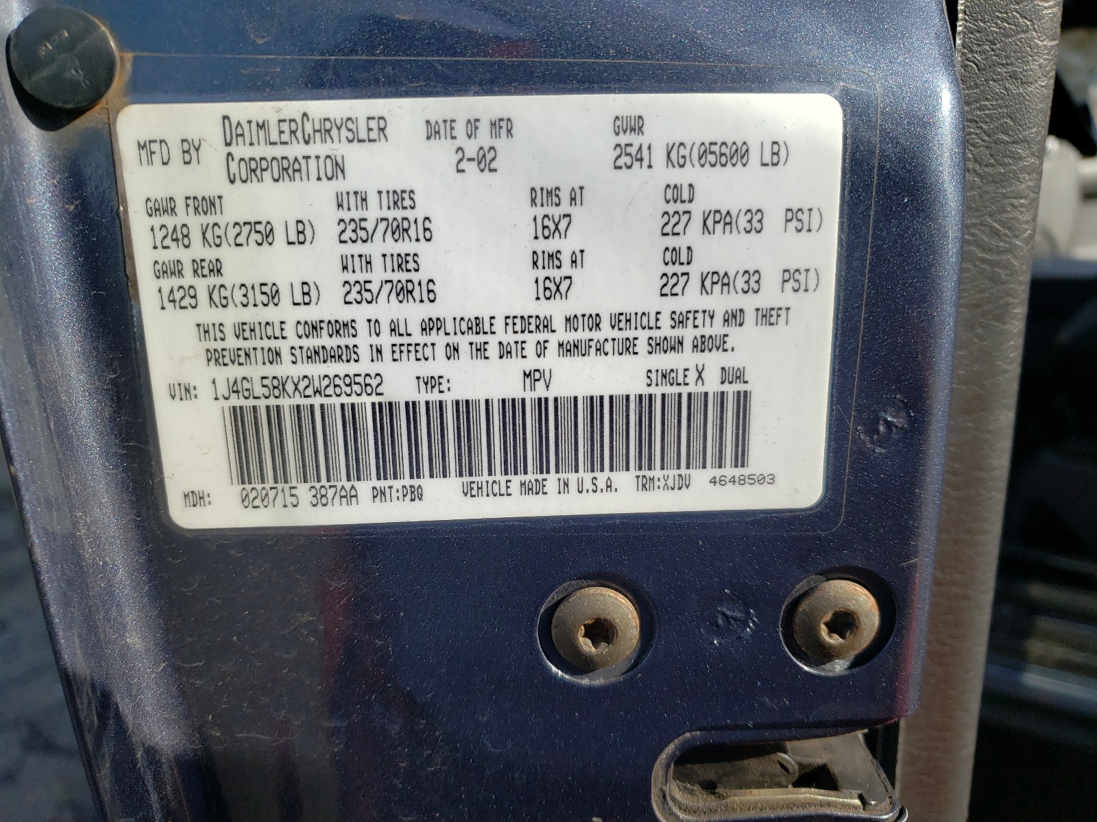 Photo 10 from auction – 2002 JEEP LIBERTY LI with VIN 1J4GL58KX2W269562