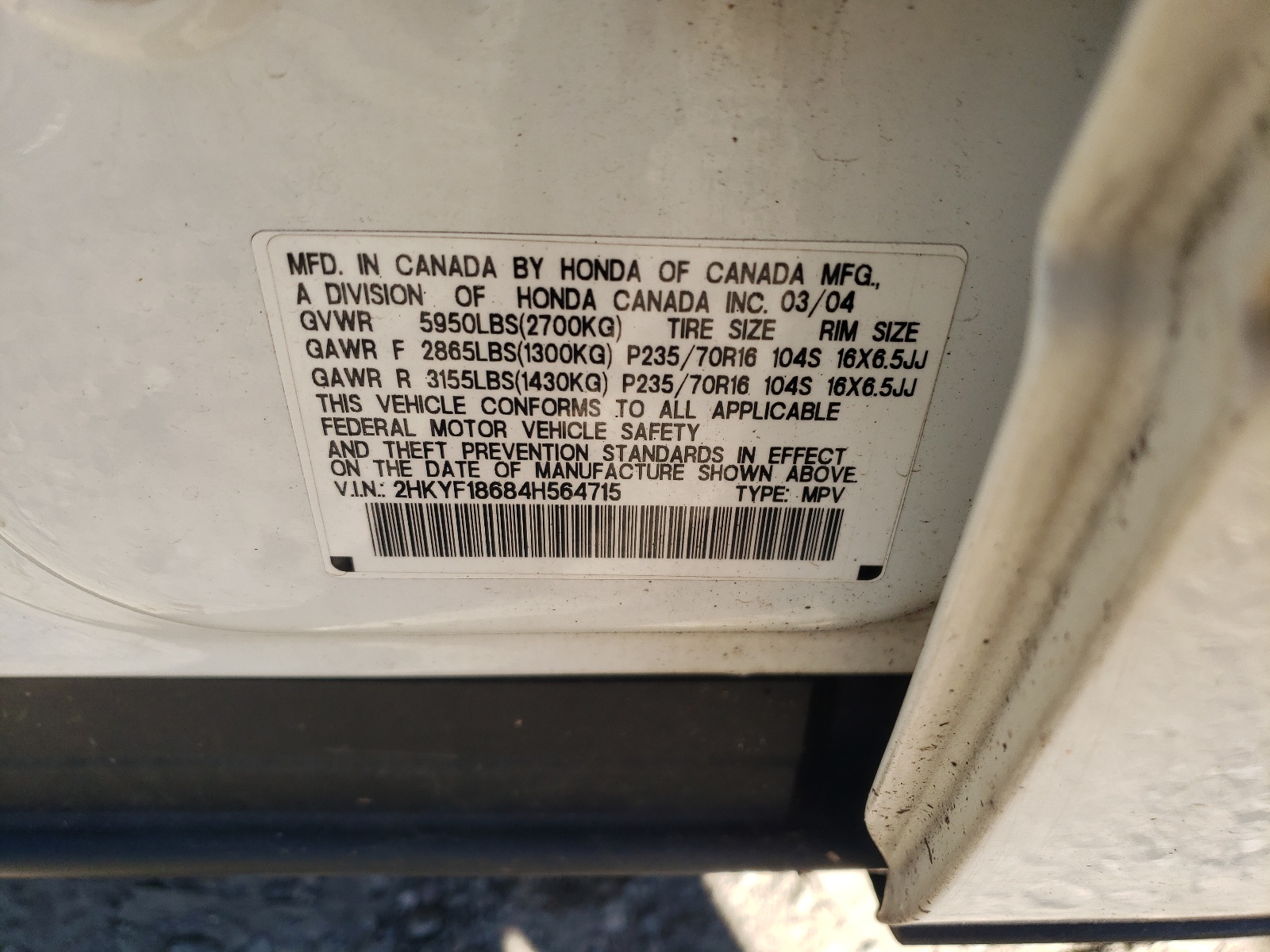 Photo 10 from auction – 2004 HONDA PILOT EXL with VIN 2HKYF18684H564715