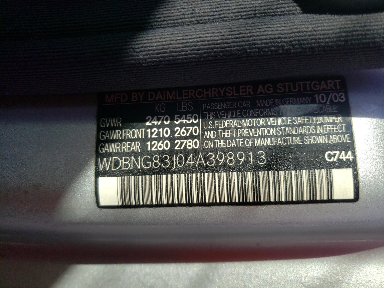 Photo 10 from auction – 2004 MERCEDES-BENZ S-CLASS with VIN WDBNG83J04A398913