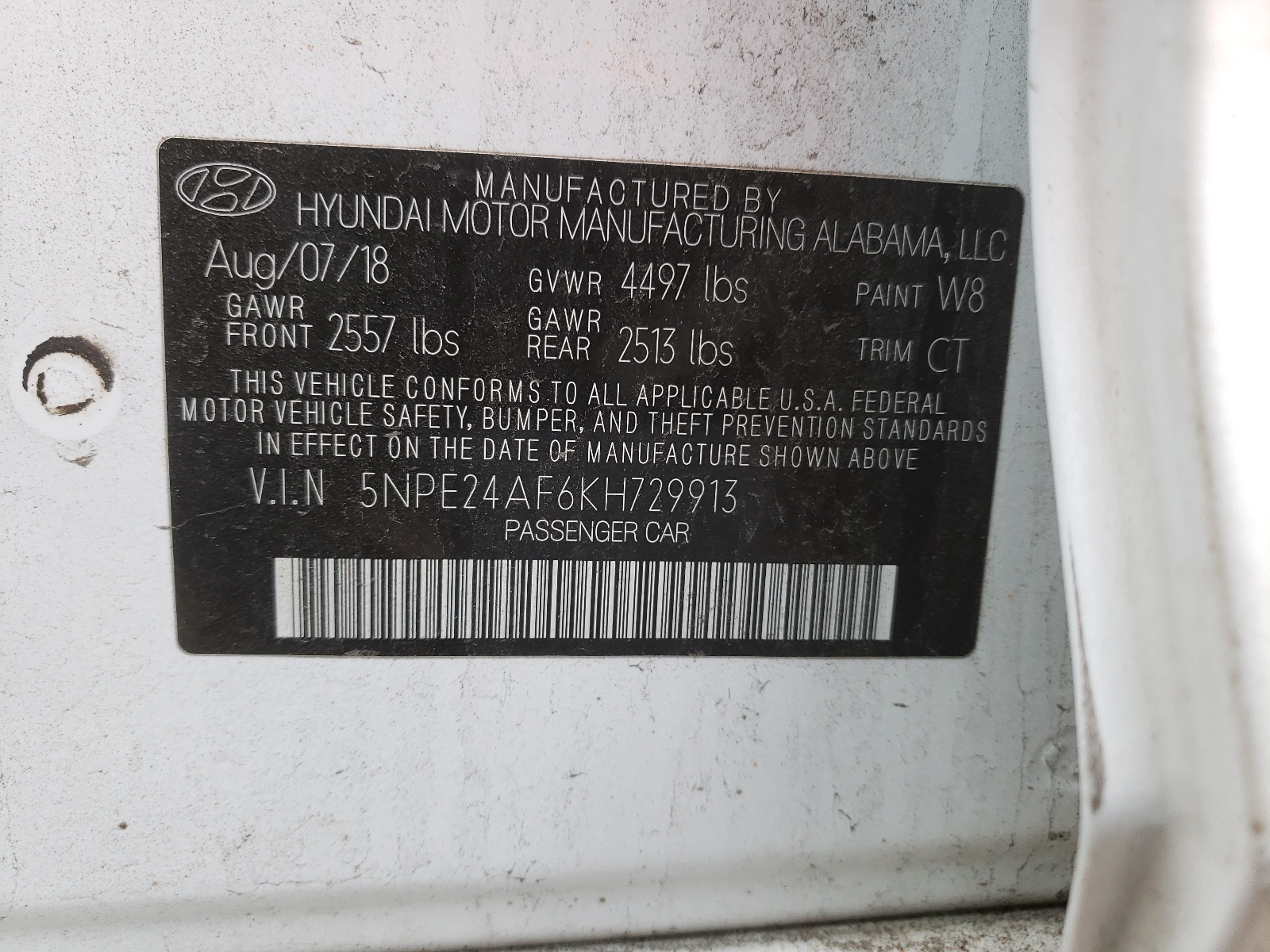 Photo 10 from auction – 2019 HYUNDAI SONATA SE with VIN 5NPE24AF6KH729913