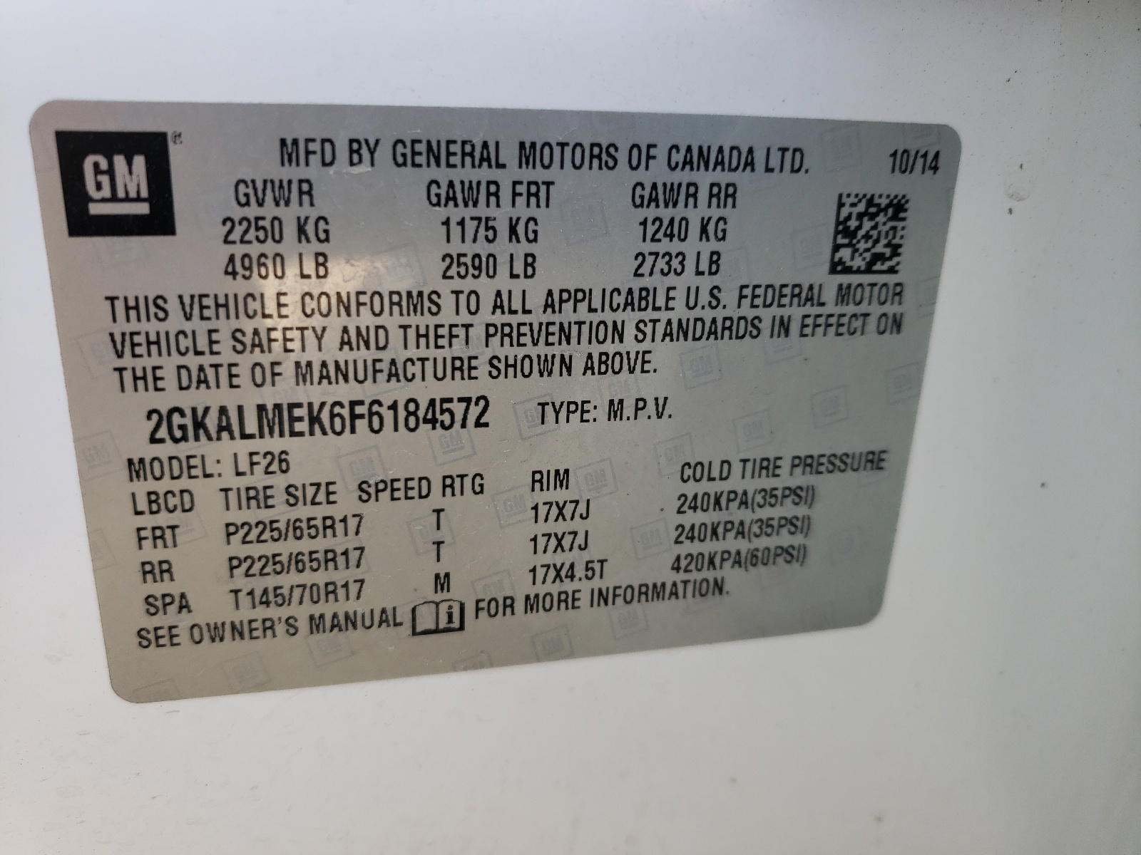 Photo 10 from auction – 2015 GMC TERRAIN SL with VIN 2GKALMEK6F6184572