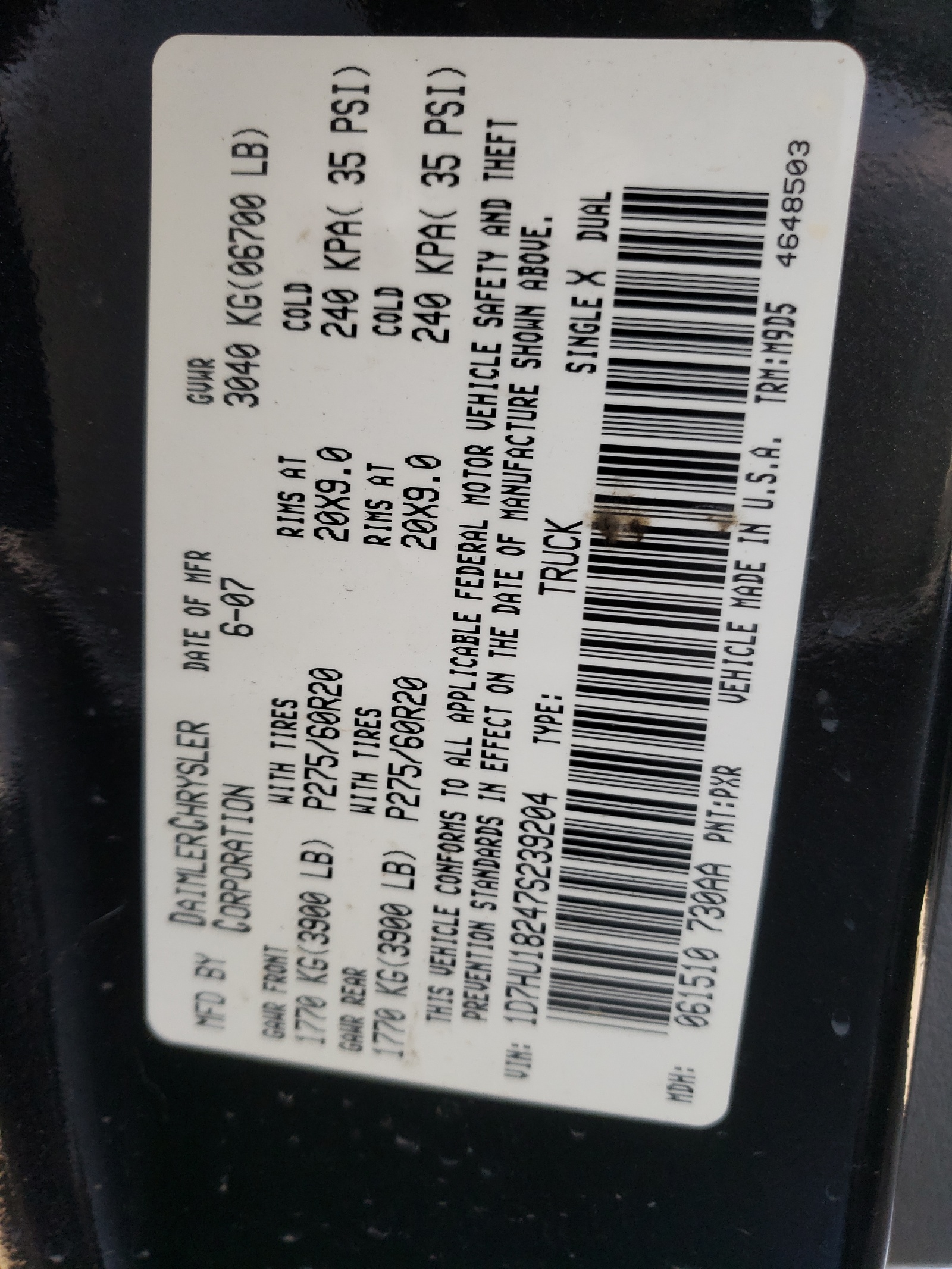 Photo 10 from auction – 2007 DODGE RAM 1500 S with VIN 1D7HU18247S239204