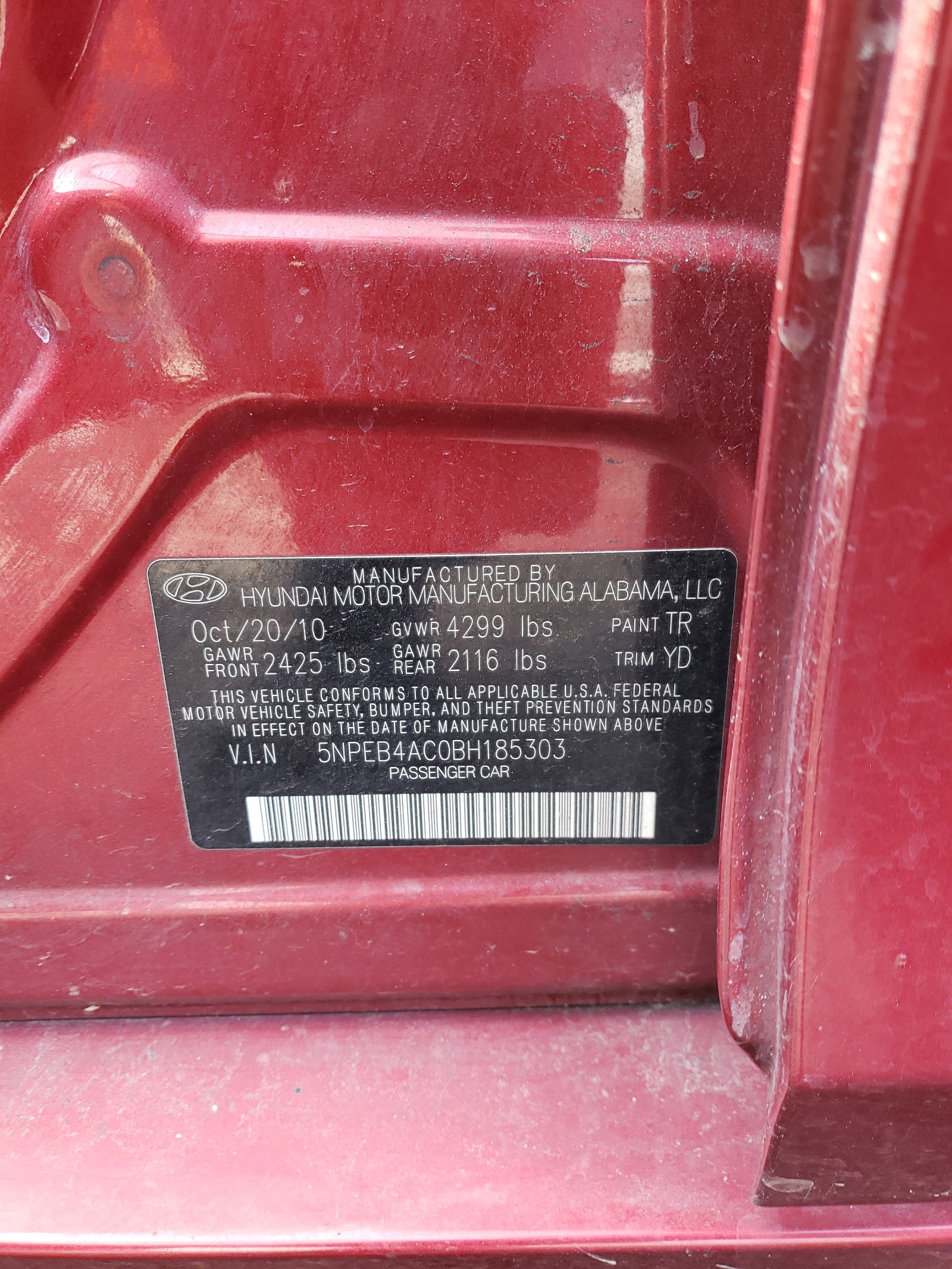 Photo 10 from auction – 2011 HYUNDAI SONATA GLS with VIN 5NPEB4AC0BH185303