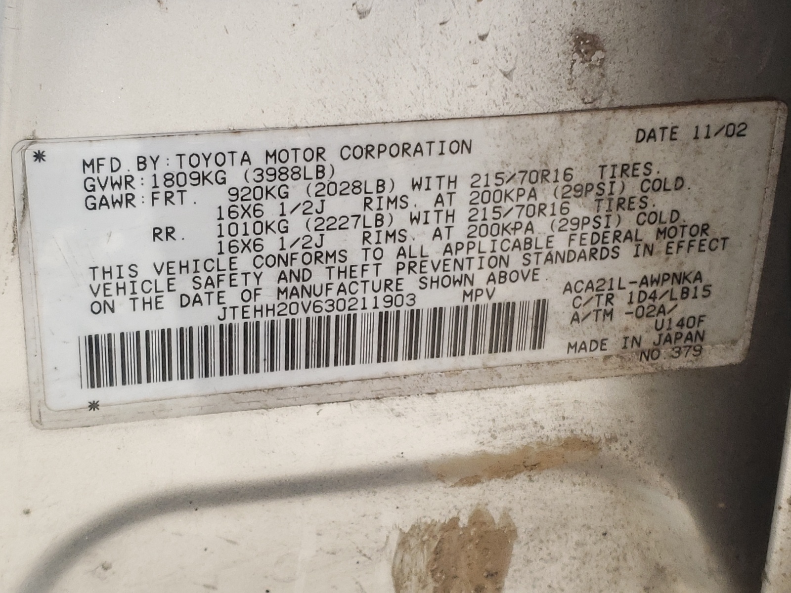 Photo 10 from auction – 2003 TOYOTA RAV4 with VIN JTEHH20V630211903