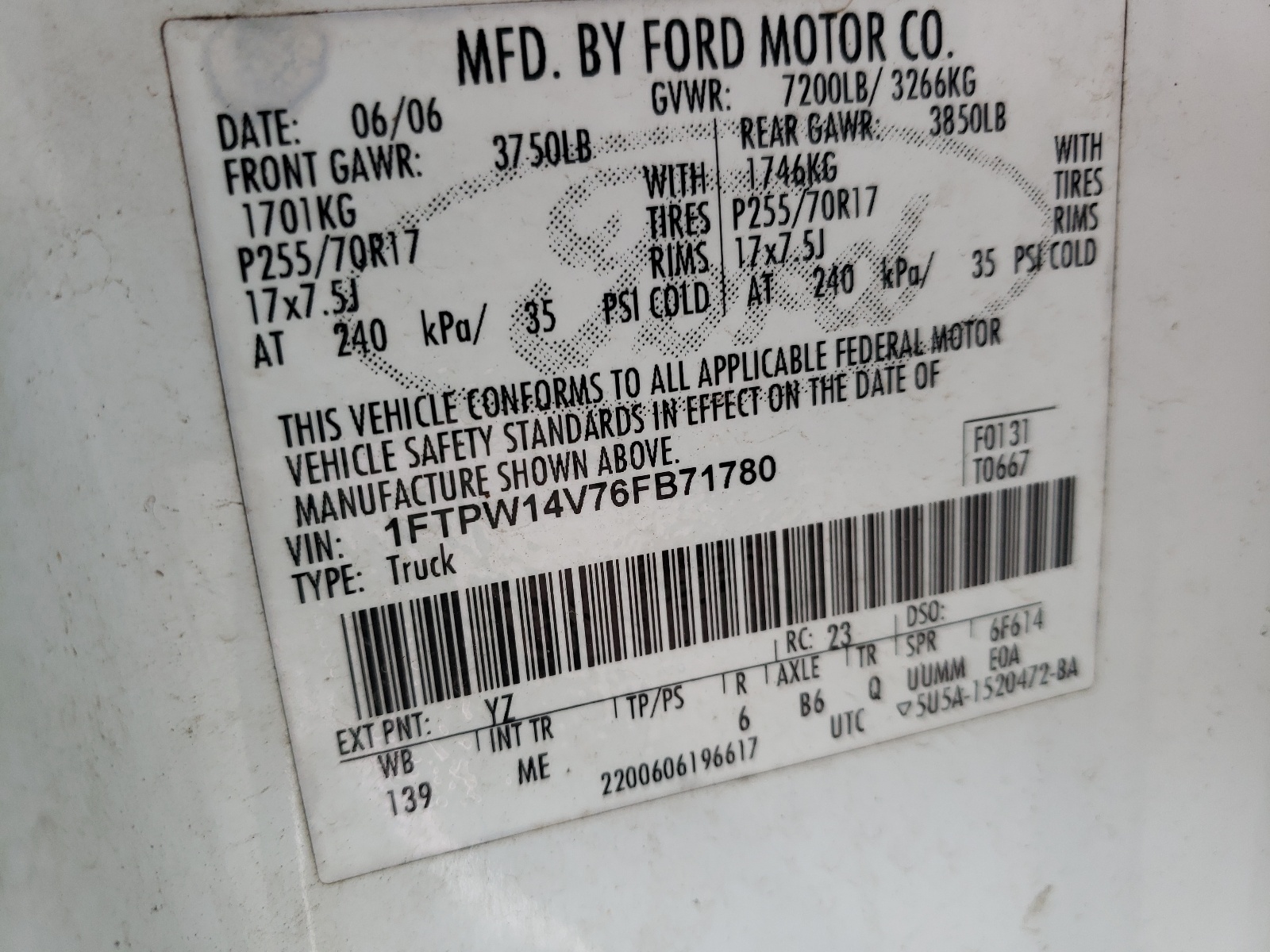 Photo 10 from auction – 2006 FORD F150 SUPER with VIN 1FTPW14V76FB71780