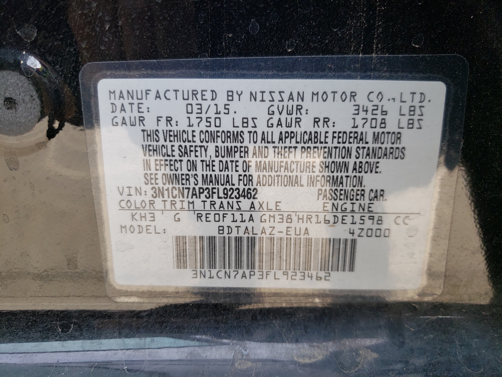 Photo 10 from auction – 2015 NISSAN VERSA S with VIN 3N1CN7AP3FL923462