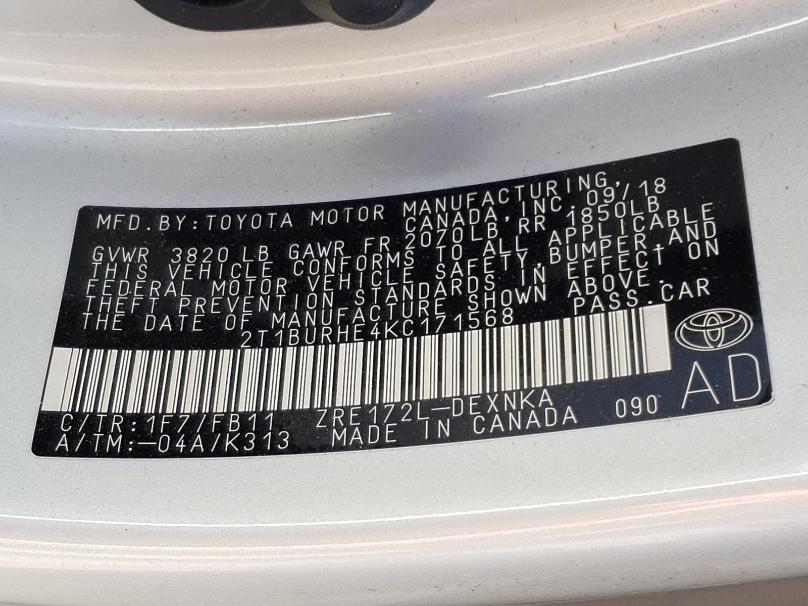Photo 10 from auction – 2019 TOYOTA COROLLA L with VIN 2T1BURHE4KC171568