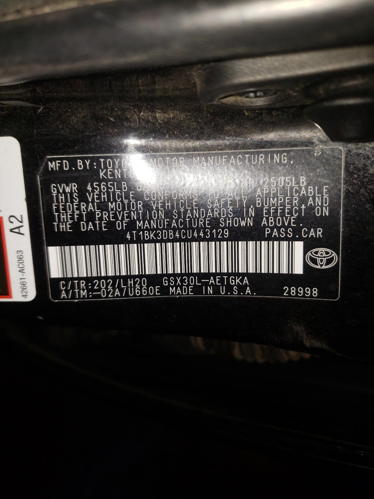 Photo 10 from auction – 2012 TOYOTA AVALON BAS with VIN 4T1BK3DB4CU443129