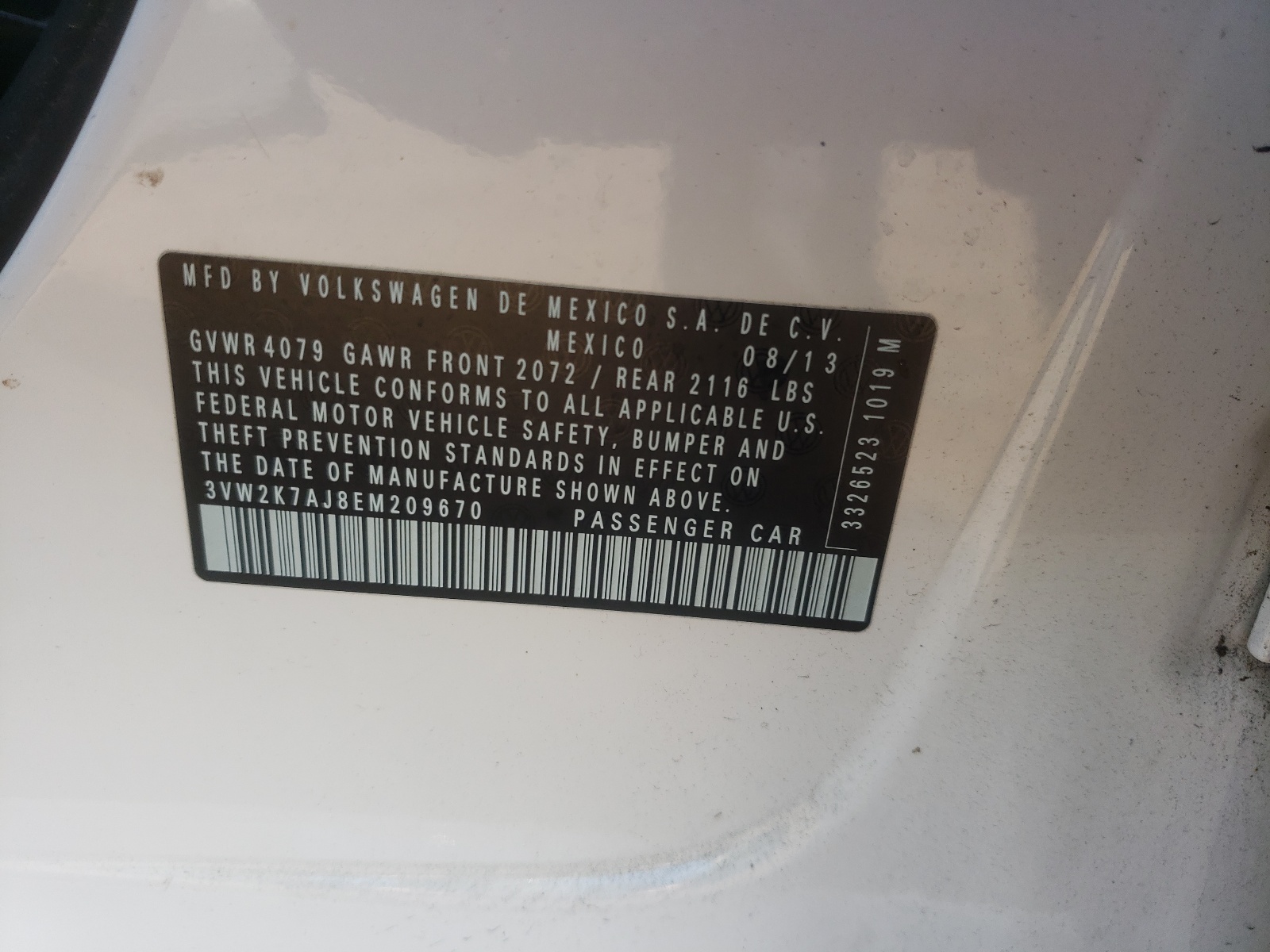 Photo 10 from auction – 2014 VOLKSWAGEN JETTA BASE with VIN 3VW2K7AJ8EM209670