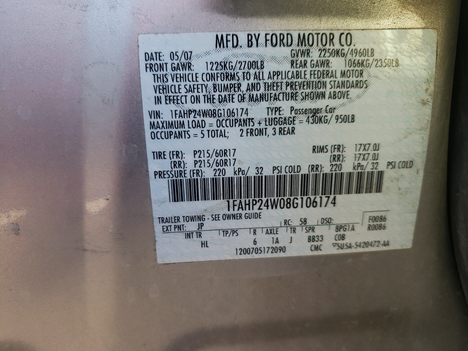 Photo 10 from auction – 2008 FORD TAURUS SEL with VIN 1FAHP24W08G106174
