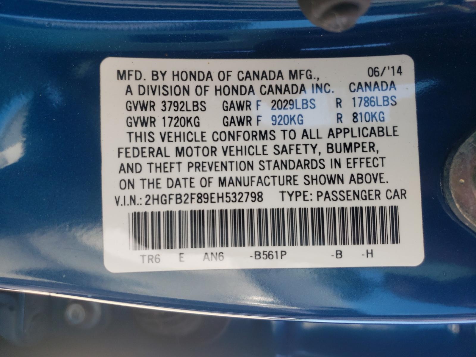 Photo 10 from auction – 2014 HONDA CIVIC EX with VIN 2HGFB2F89EH532798