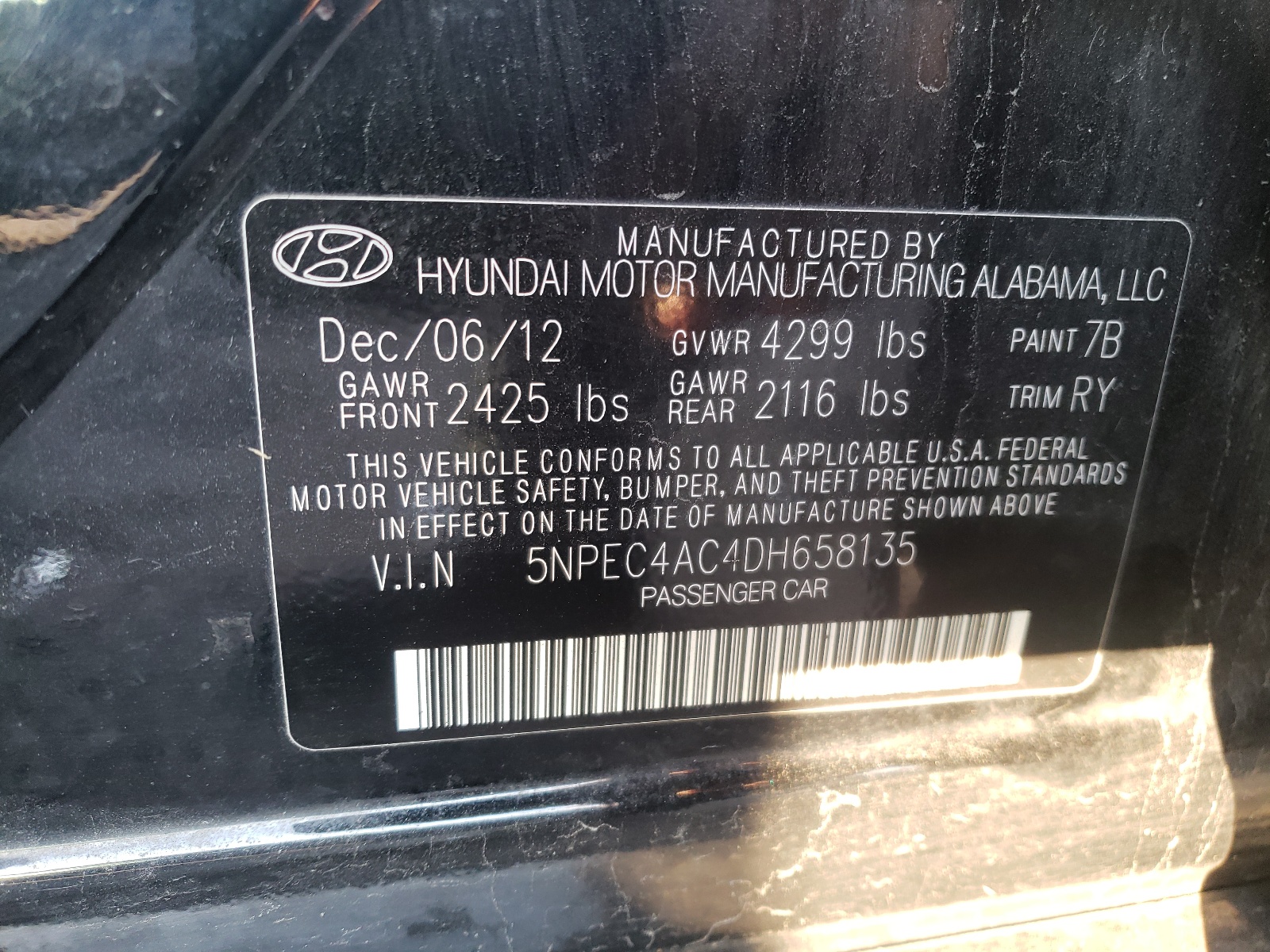 Photo 10 from auction – 2013 HYUNDAI SONATA SE with VIN 5NPEC4AC4DH658135