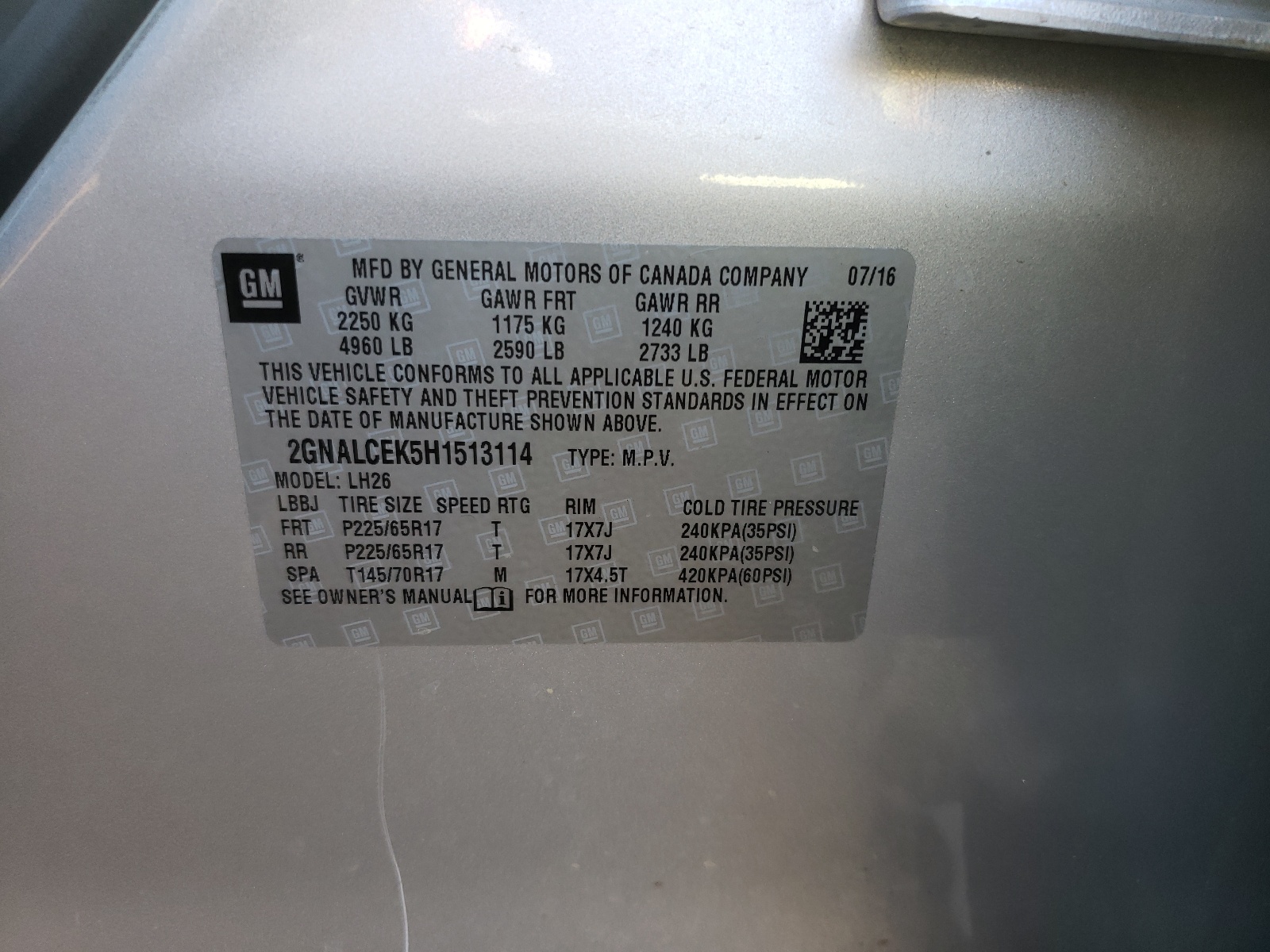 Photo 10 from auction – 2017 CHEVROLET EQUINOX LT with VIN 2GNALCEK5H1513114