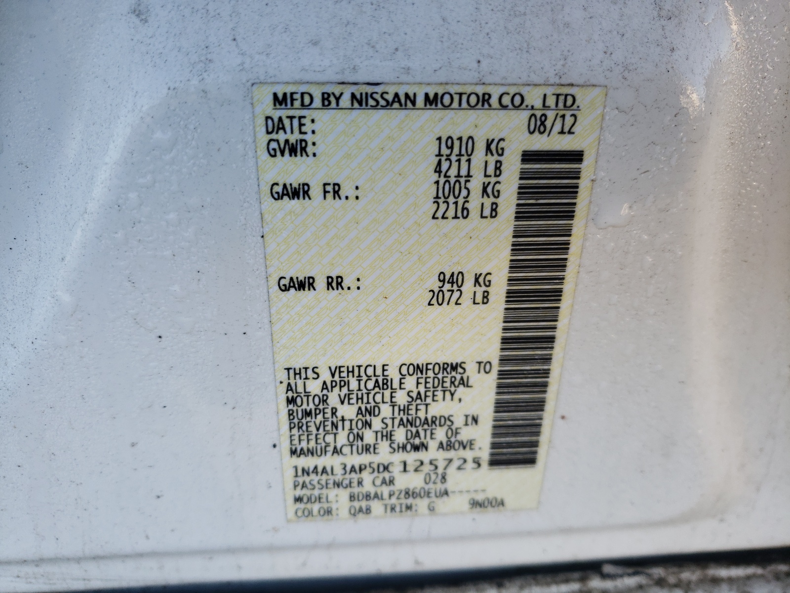 Photo 10 from auction – 2013 NISSAN ALTIMA 2.5 with VIN 1N4AL3AP5DC125725