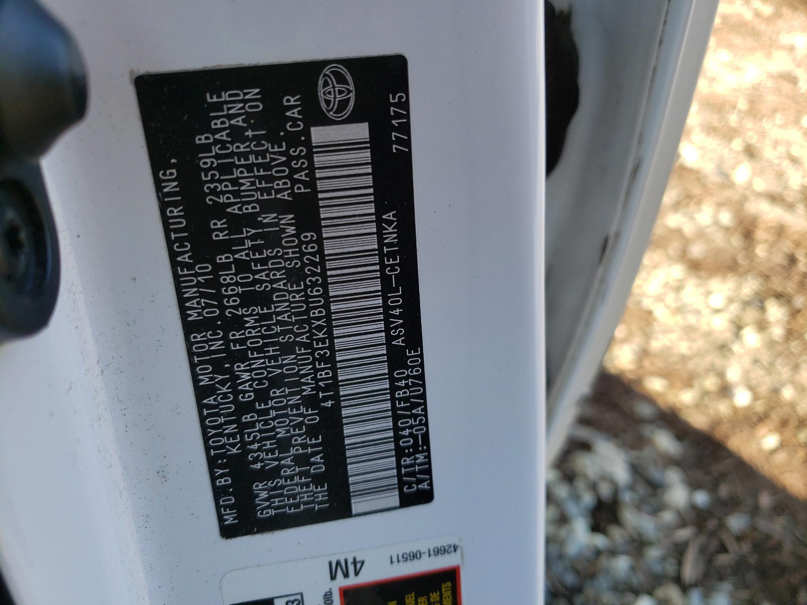 Photo 10 from auction – 2011 TOYOTA CAMRY BASE with VIN 4T1BF3EKXBU632269