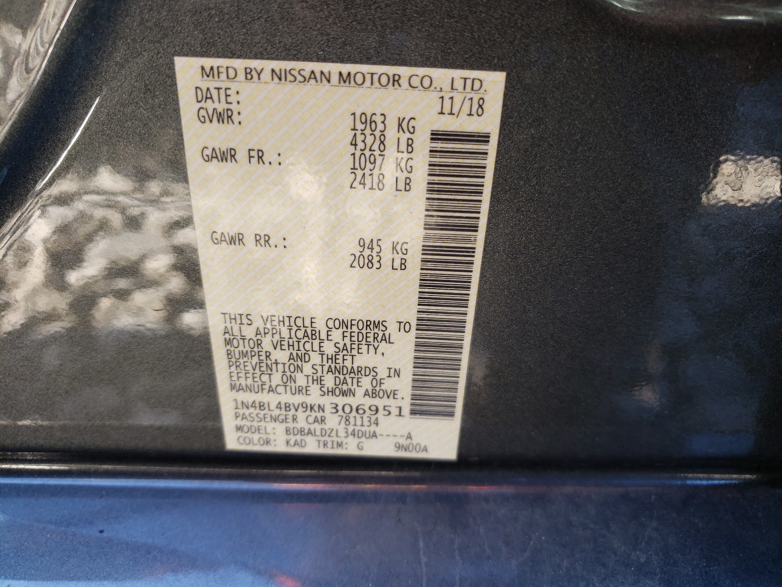 Photo 10 from auction – 2019 NISSAN ALTIMA S with VIN 1N4BL4BV9KN306951