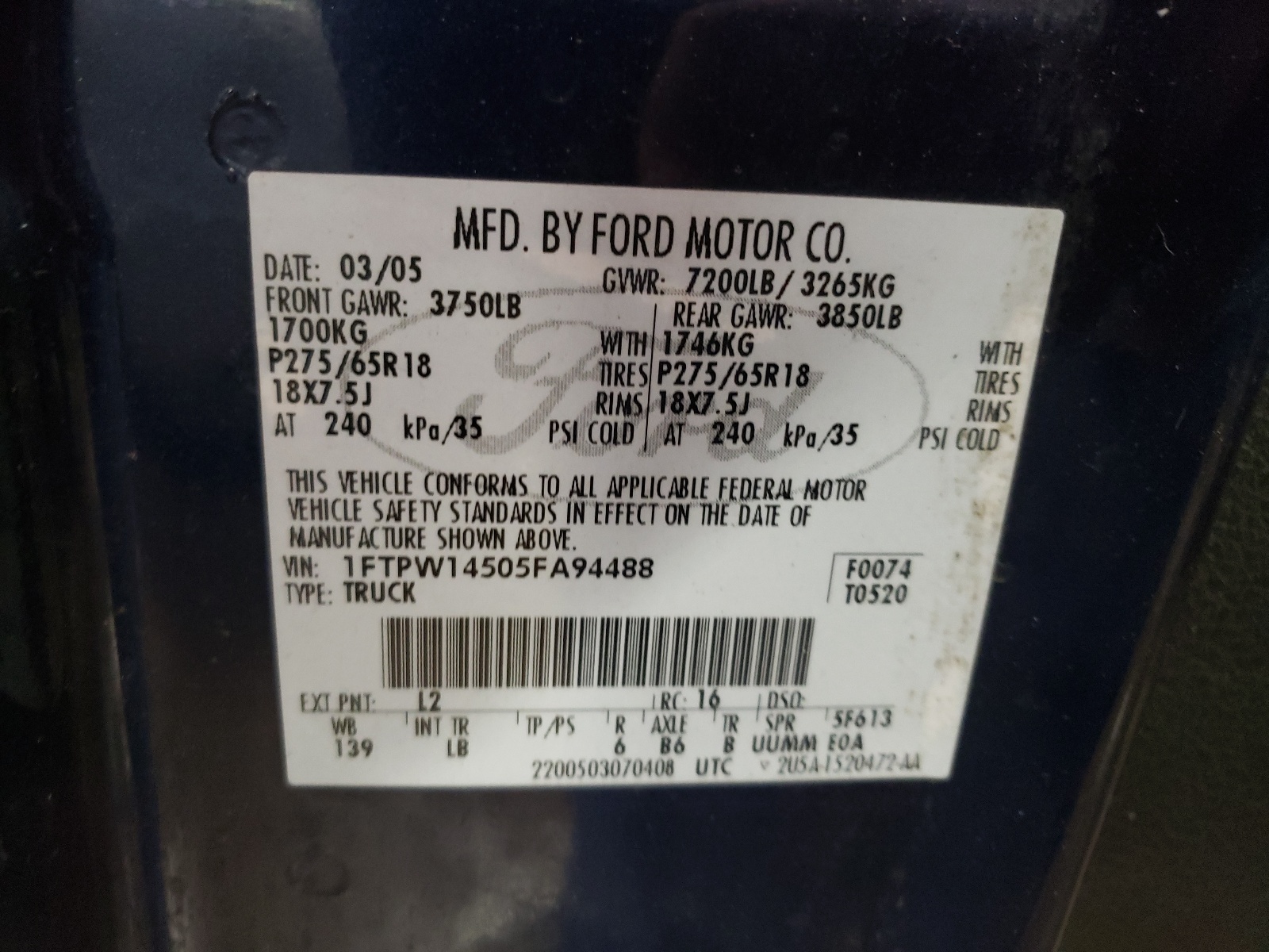 Photo 10 from auction – 2005 FORD F150 SUPER with VIN 1FTPW14505FA94488