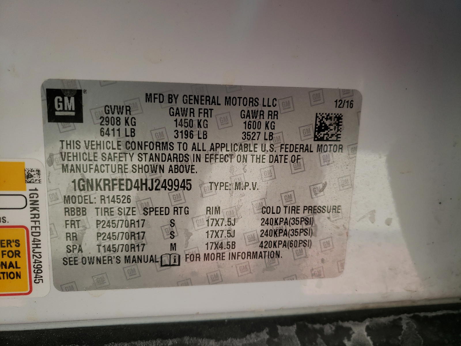 Photo 10 from auction – 2017 CHEVROLET TRAVERSE L with VIN 1GNKRFED4HJ249945