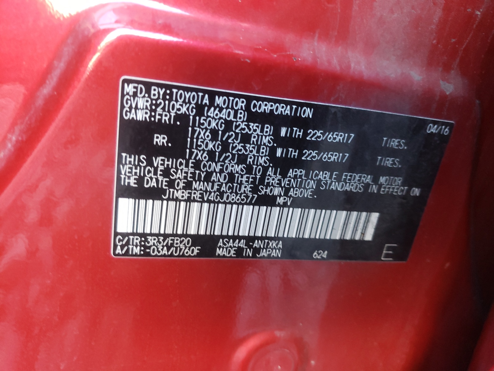 Photo 10 from auction – 2016 TOYOTA RAV4 LE with VIN JTMBFREV4GJ086577