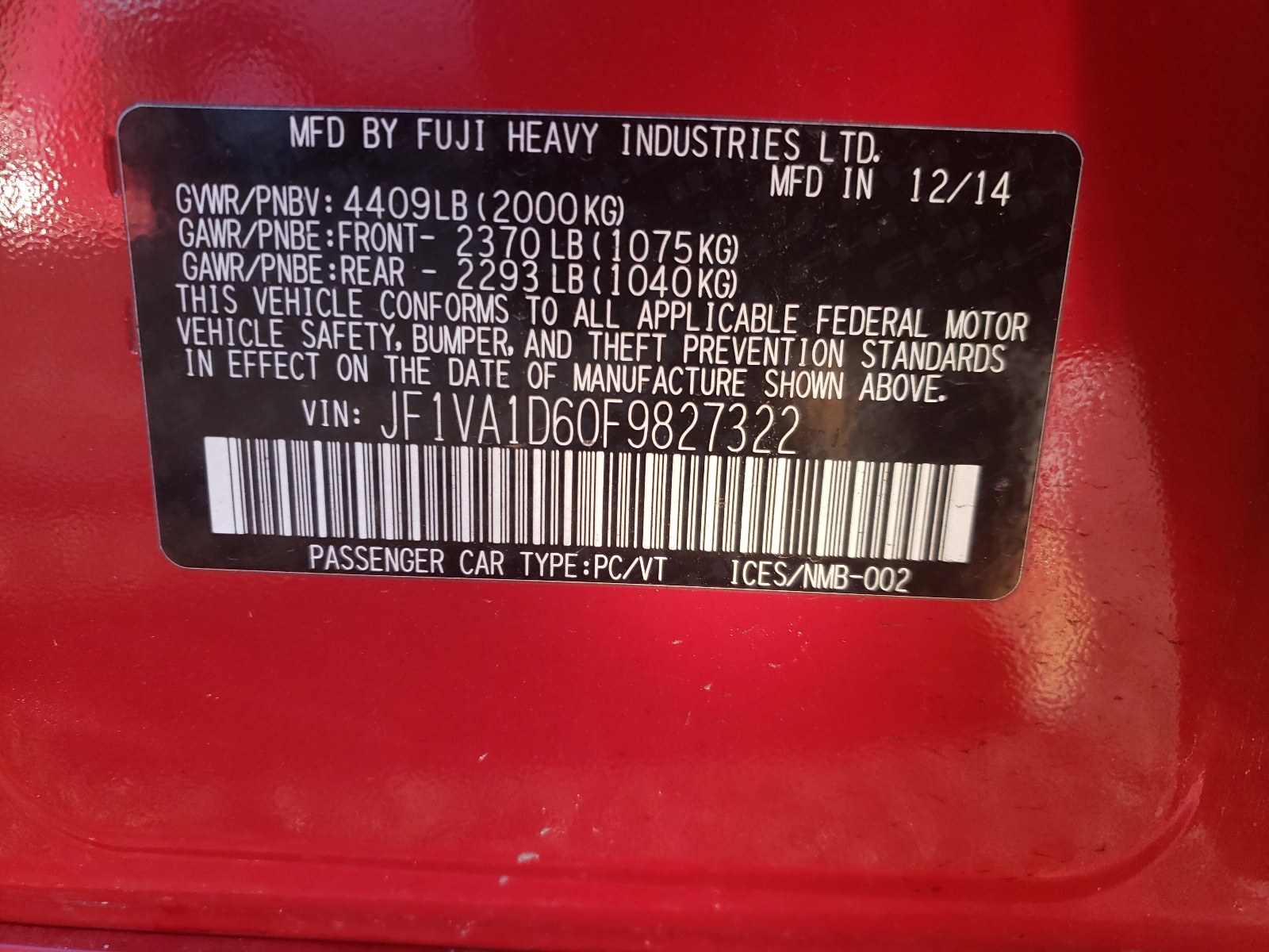Foto 10 de la subasta – 2015 SUBARU WRX PREMIU con VIN JF1VA1D60F9827322