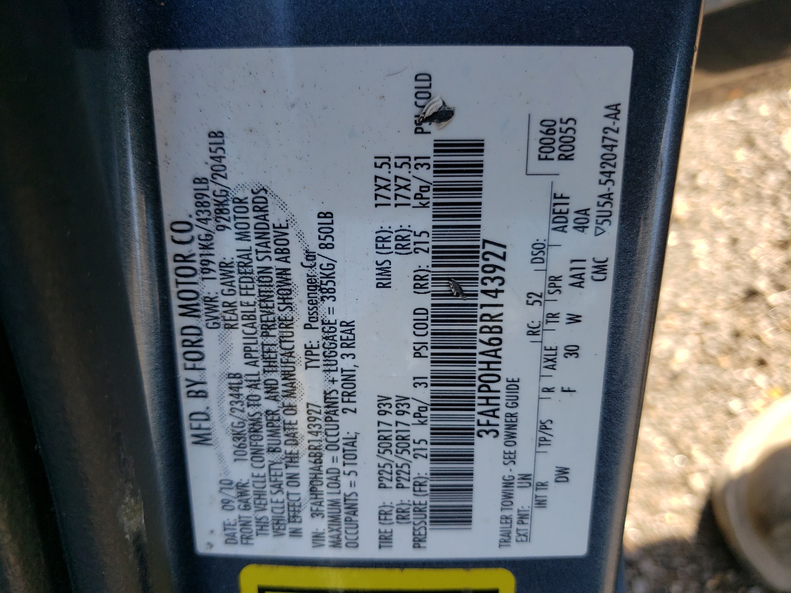 Photo 10 from auction – 2011 FORD FUSION SE with VIN 3FAHP0HA6BR143927