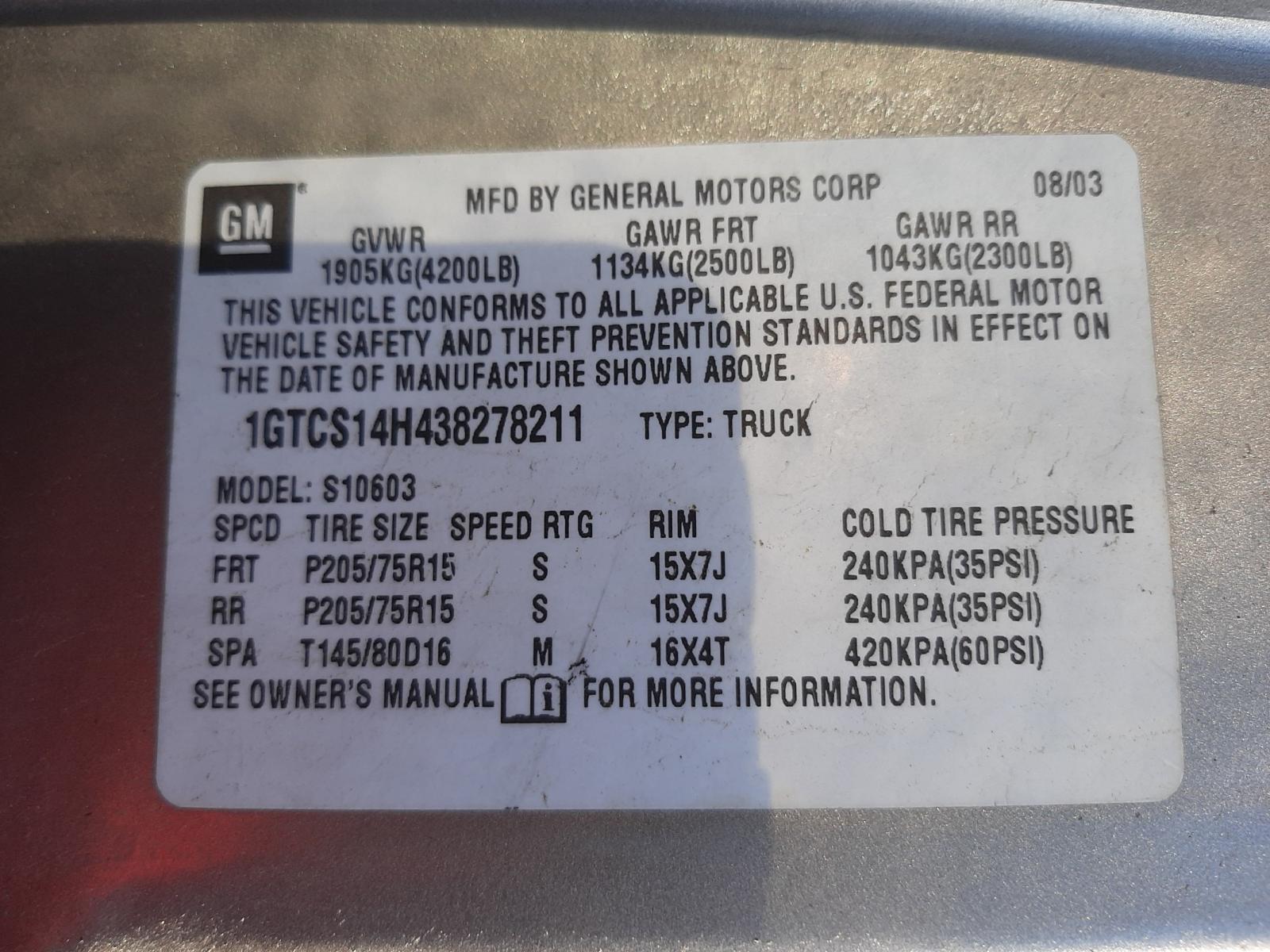 Photo 10 from auction – 2003 GMC SONOMA with VIN 1GTCS14H438278211