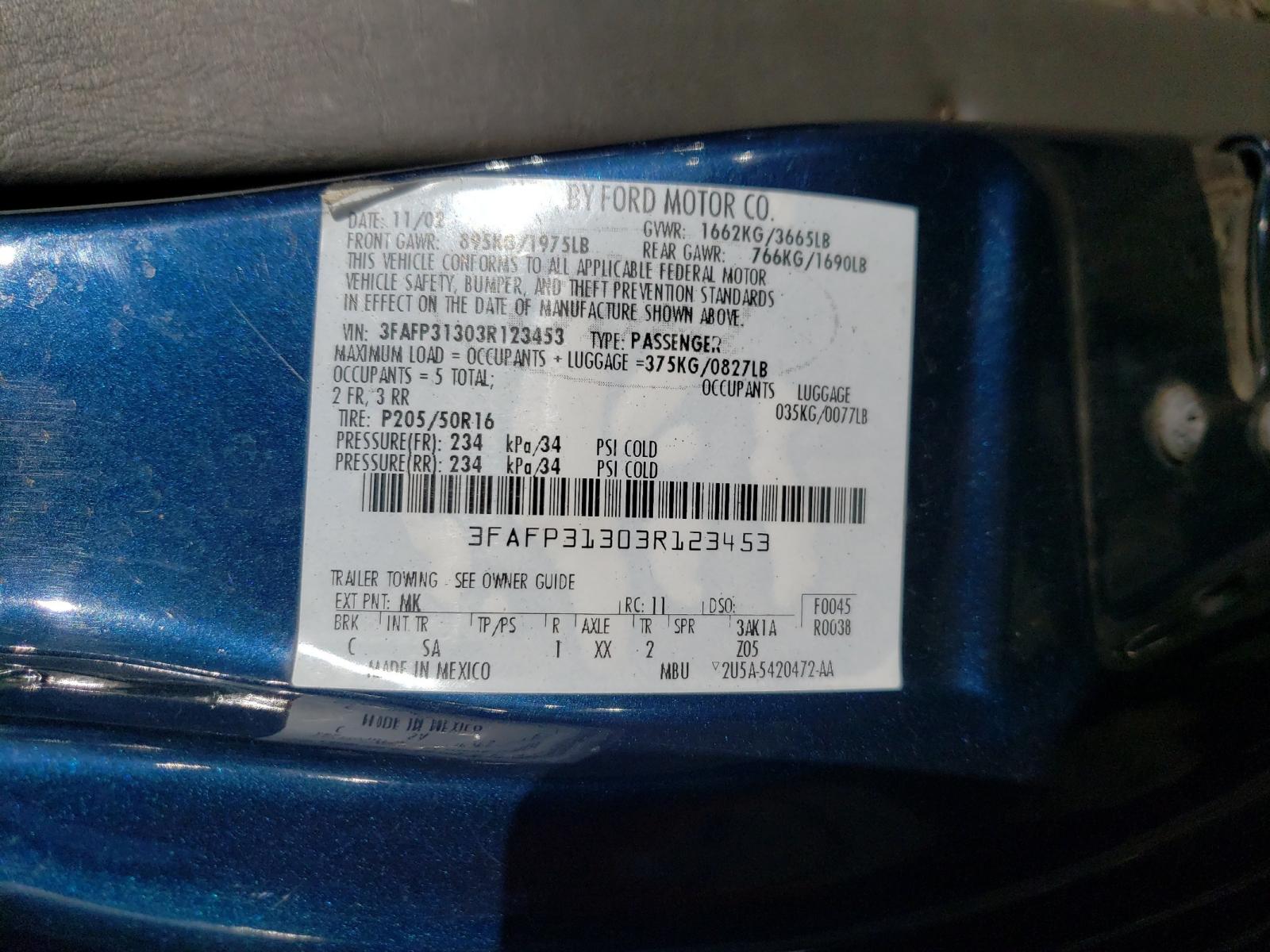 Photo 10 from auction – 2003 FORD FOCUS ZX3 with VIN 3FAFP31303R123453