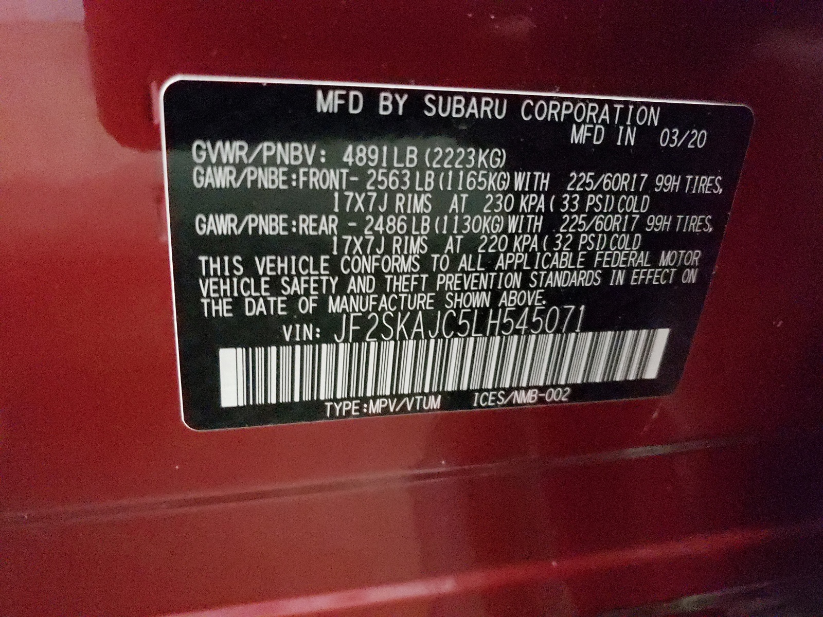 Photo 10 from auction – 2020 SUBARU FORESTER P with VIN JF2SKAJC5LH545071