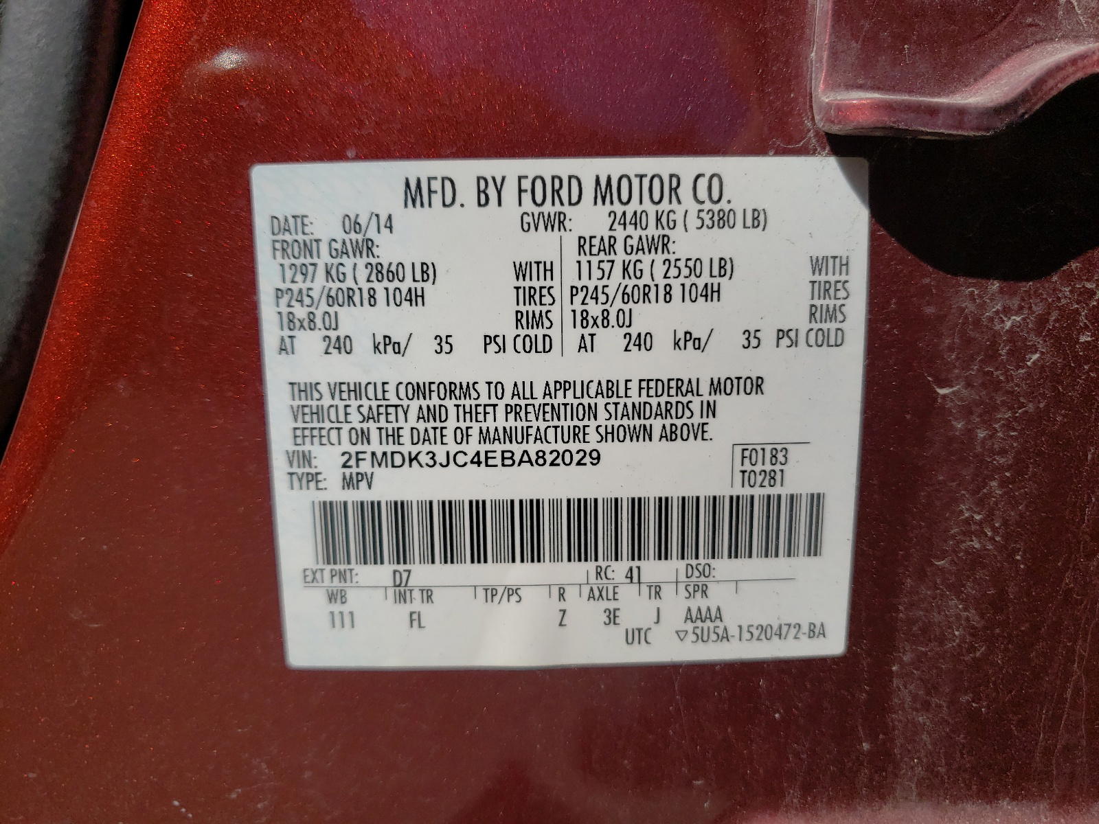 Photo 10 from auction – 2014 FORD EDGE SEL with VIN 2FMDK3JC4EBA82029