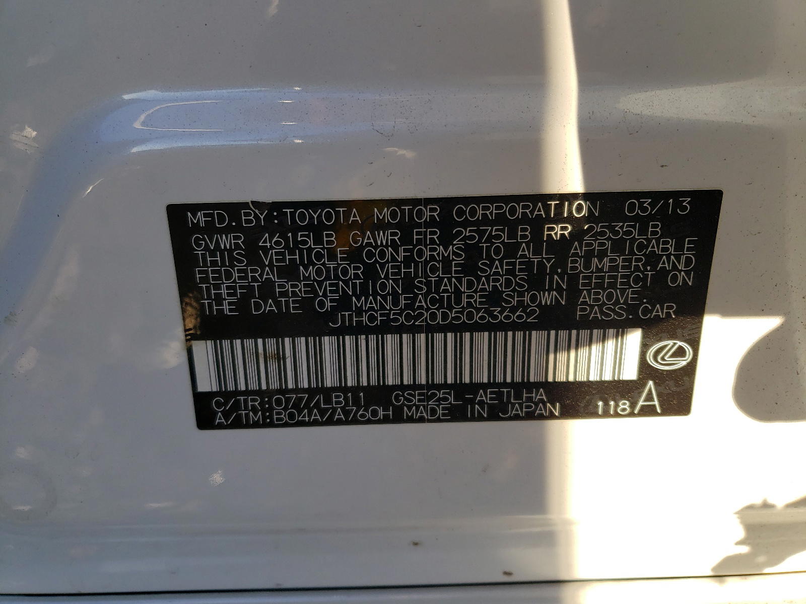 Photo 10 from auction – 2013 LEXUS IS 250 with VIN JTHCF5C20D5063662