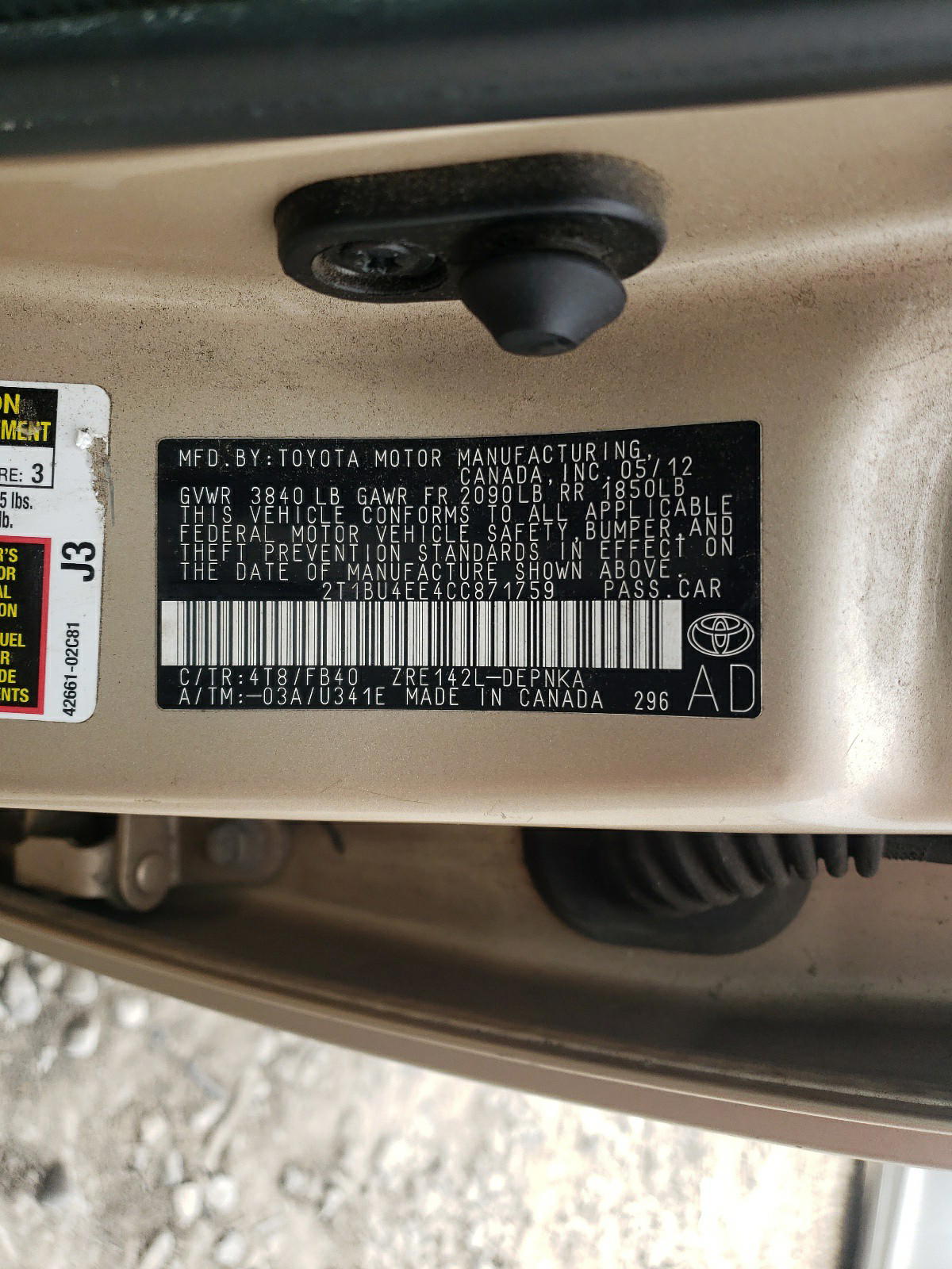 Photo 10 from auction – 2012 TOYOTA COROLLA BA with VIN 2T1BU4EE4CC871759
