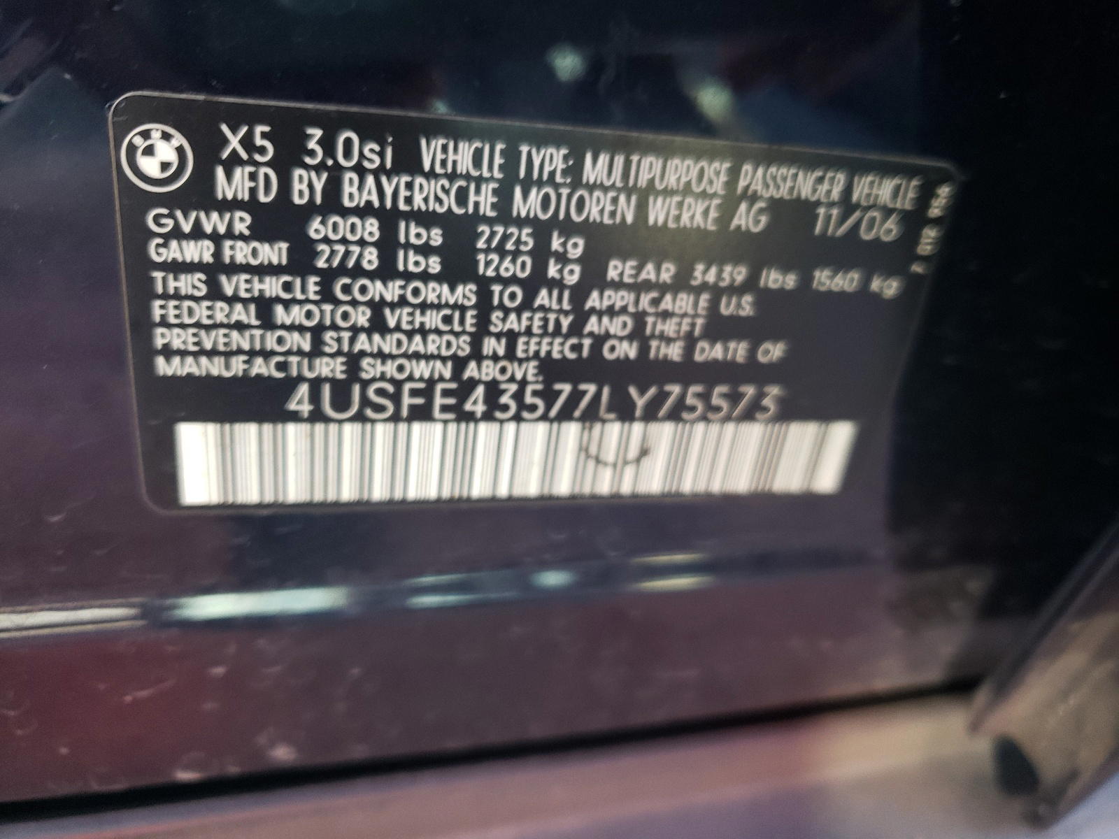 Photo 10 from auction – 2007 BMW X5 3.0I with VIN 4USFE43577LY75573